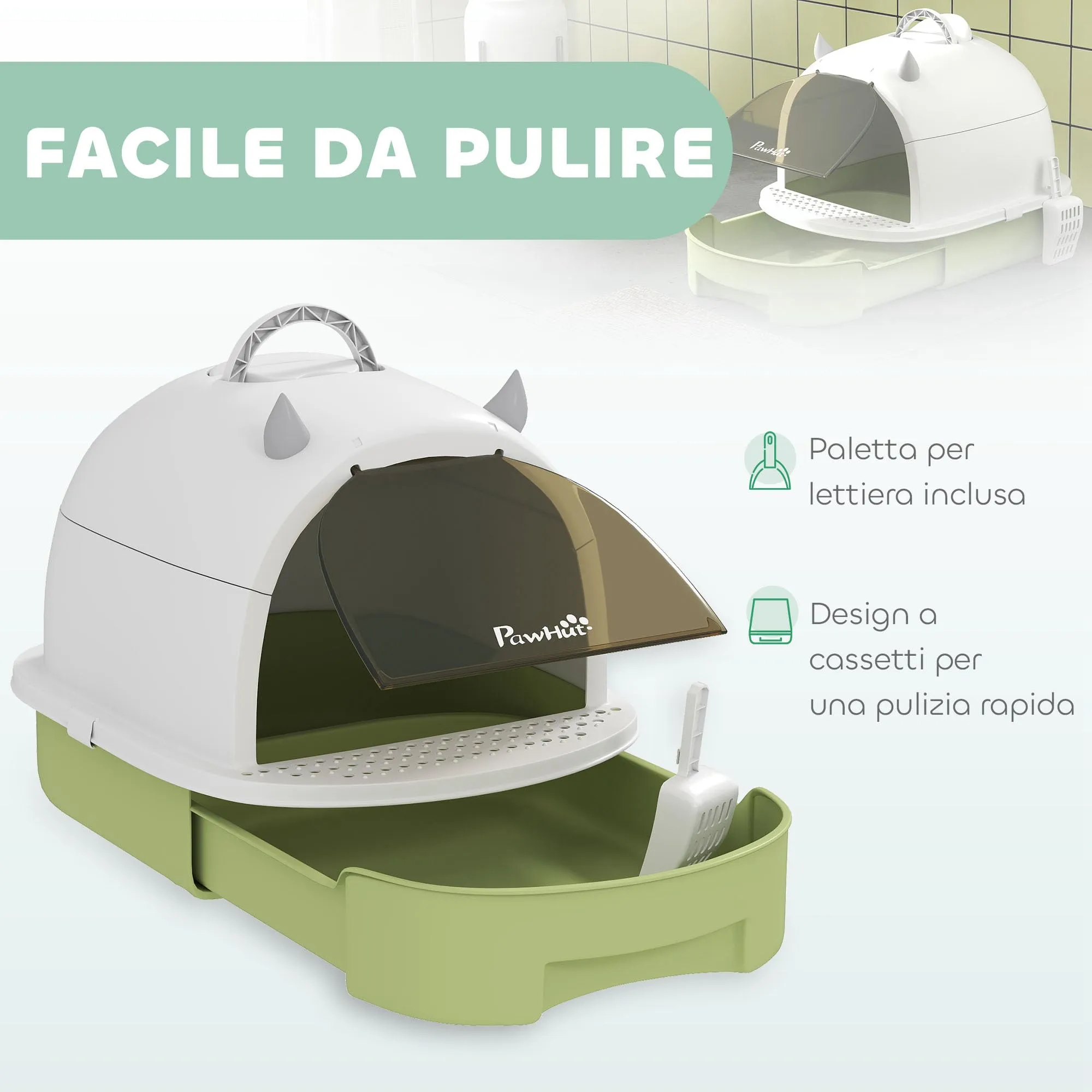 PawHut Lettiera per Gatti Chiusa con Vassoio Estraibile Maniglia Verde - immagine 4