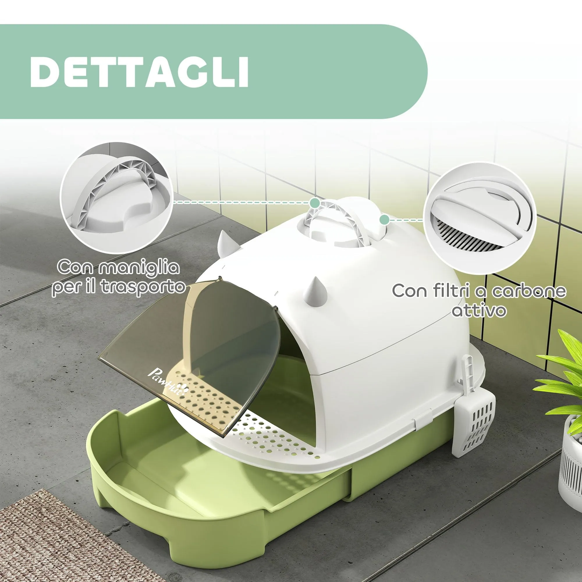 PawHut Lettiera per Gatti Chiusa con Vassoio Estraibile Maniglia Verde - immagine 6