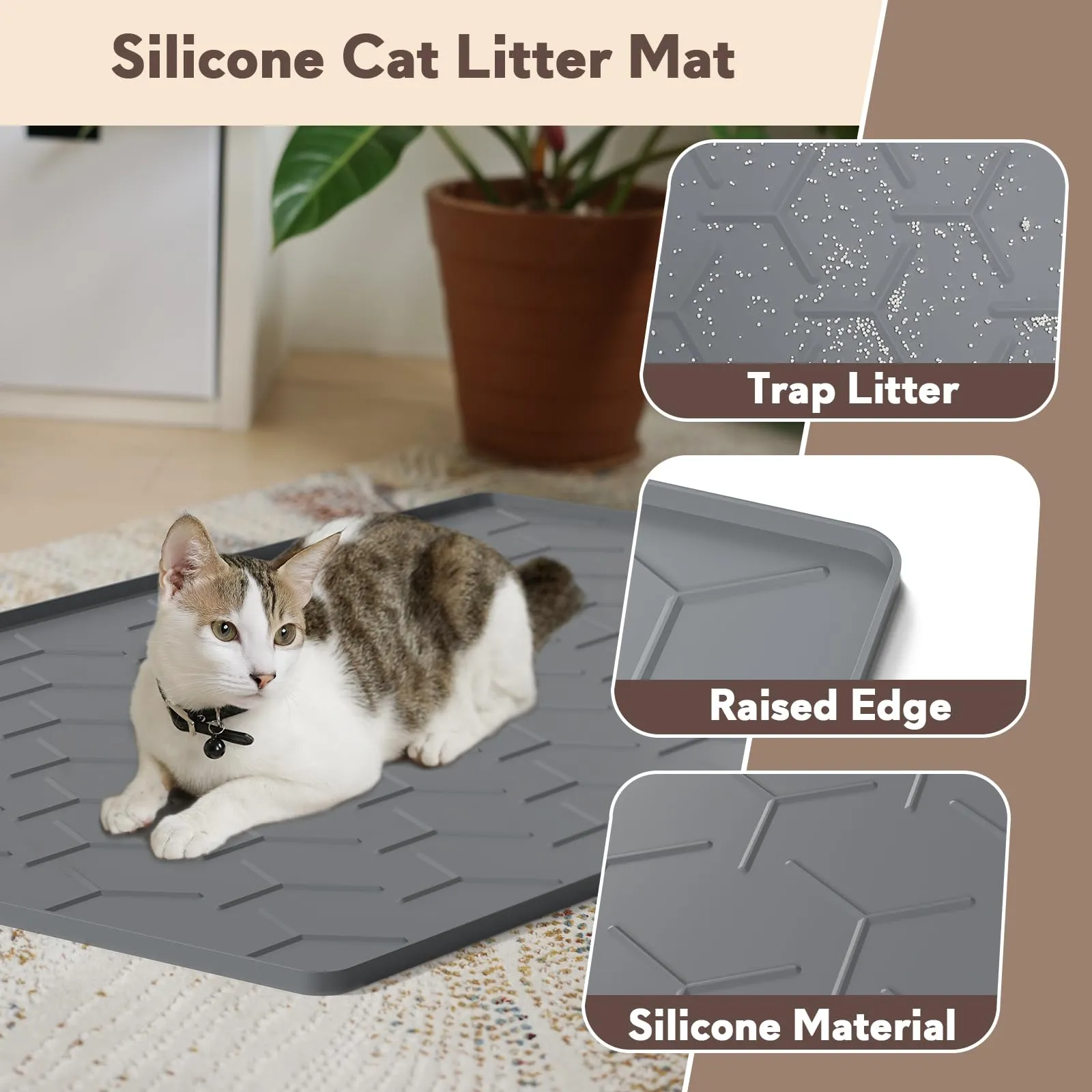 Garoopion Tappetino Lettiera Gatto Silicone, XXL 102x71cm, Grigio Scuro - immagine 2