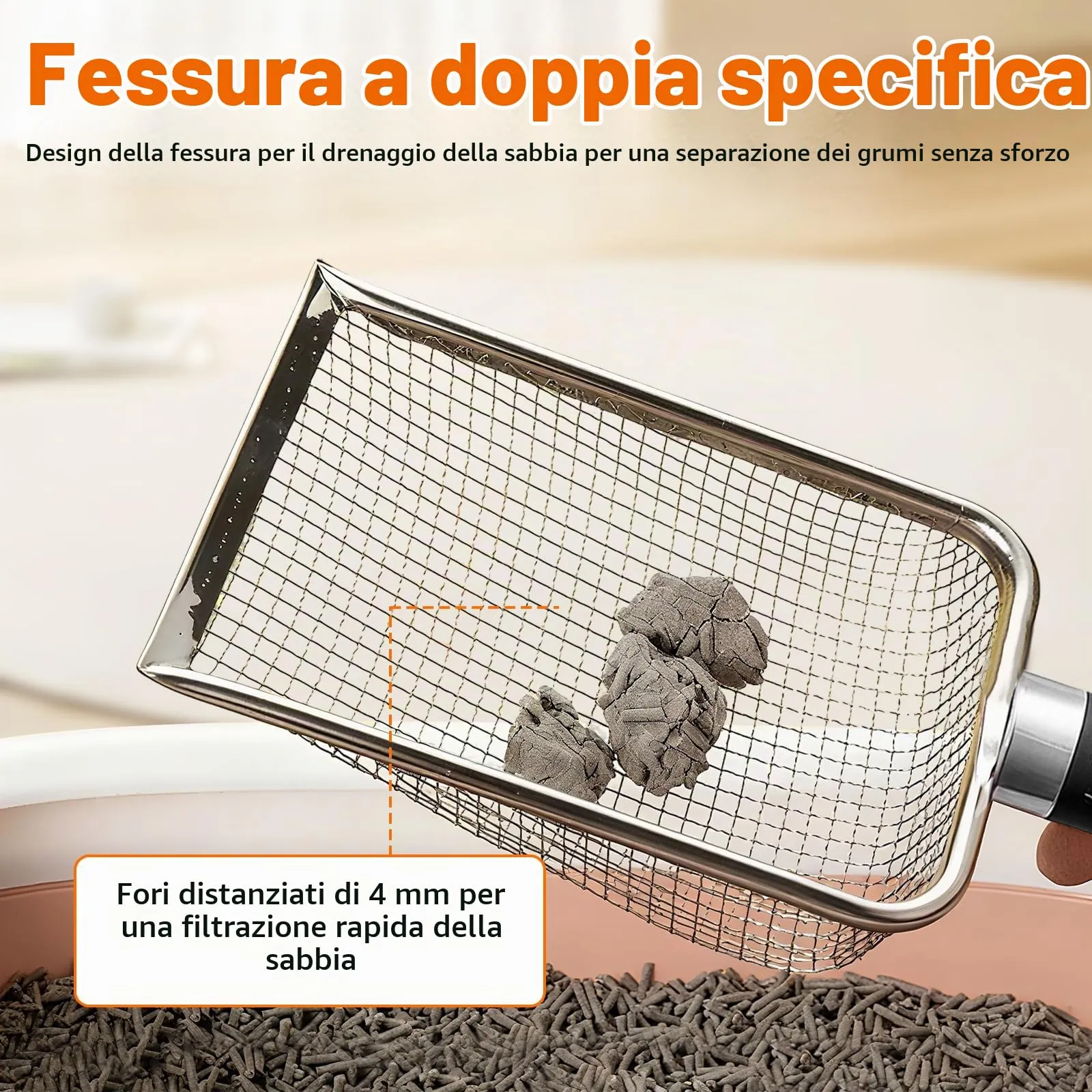 Nokwocy Paletta per lettiera per Gatti, Paletta per lettiera con Manico in Legno, Paletta per lettiera in Metallo a 4mm di porosità, Paletta per lettiera per Gatti (StainlessSteel) - immagine 3