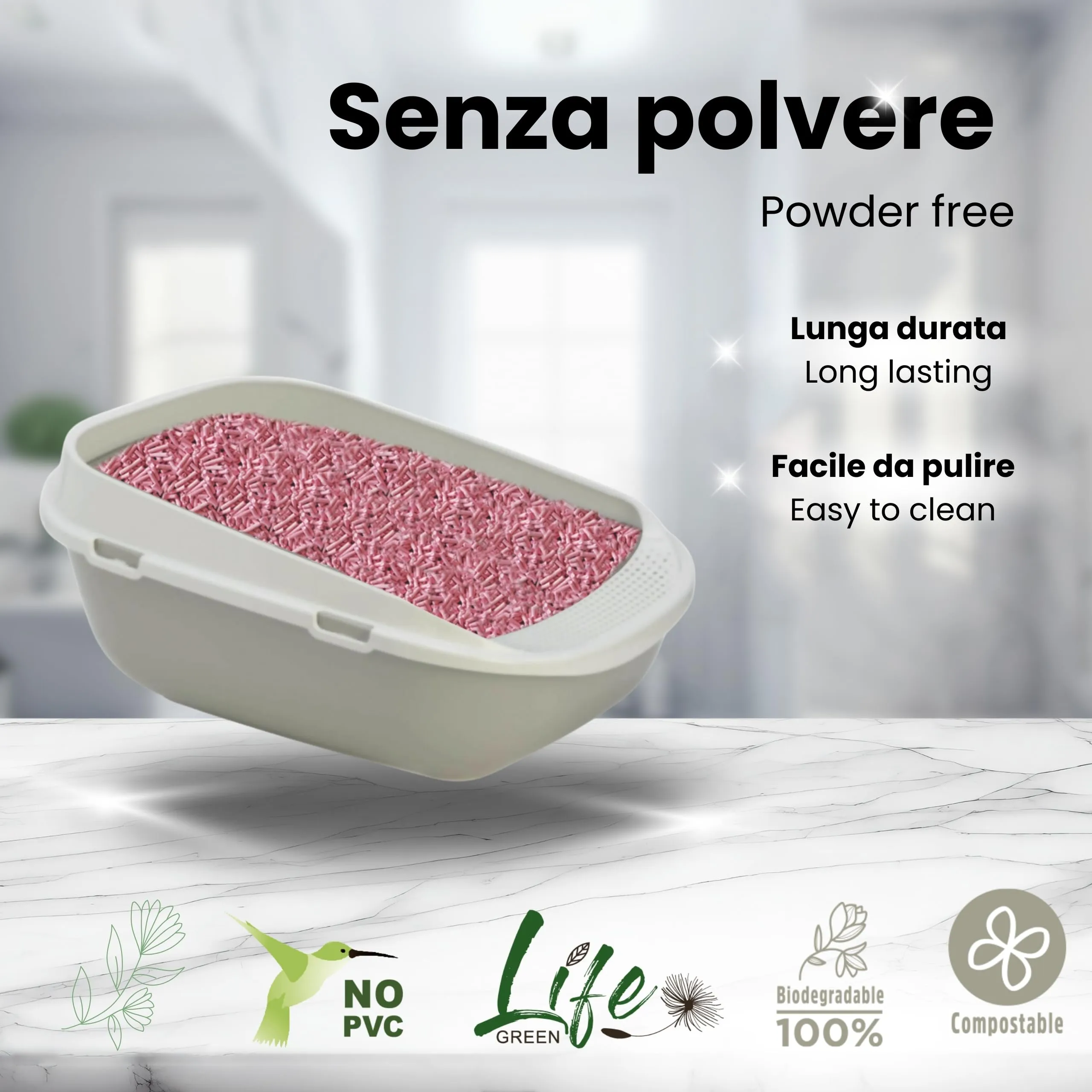 LifeGreen Lettiera Naturalissima per gatti 2 kg Pesca, con Fibra di Pisello e Amido di Mais, Vegetale, Biodegradabile, Agglomerante 3.8L, Elimina odori - immagine 4