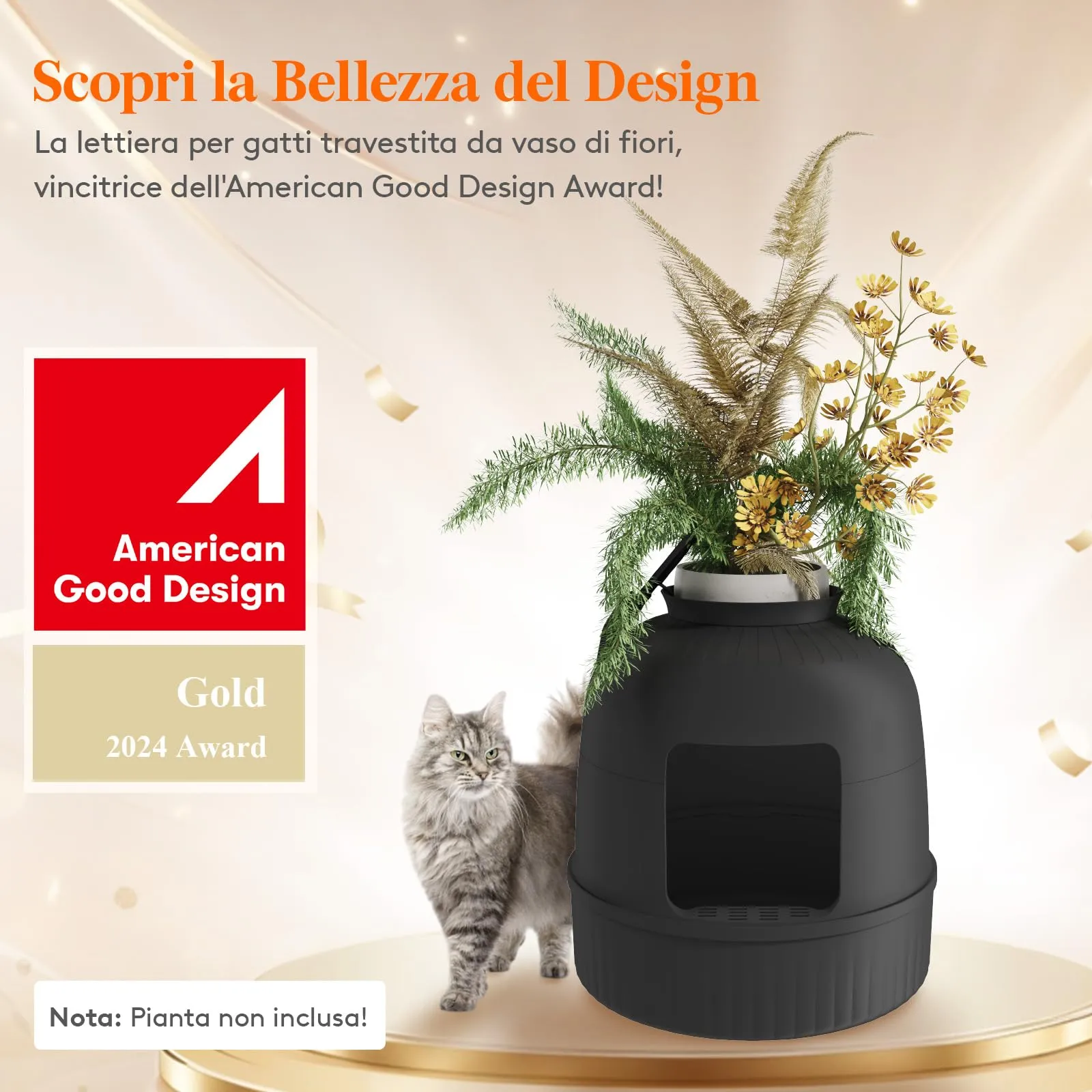 Lifewit Lettiera Gatto con Deodorante e Filtro a Carboni Attivi, Toilette per Gatti per Soggiorno, Camera da Letto e Angoli, Lettiera a Forma di Vaso con Paletta, 48 x 48 x 50 cm, Nero - immagine 3