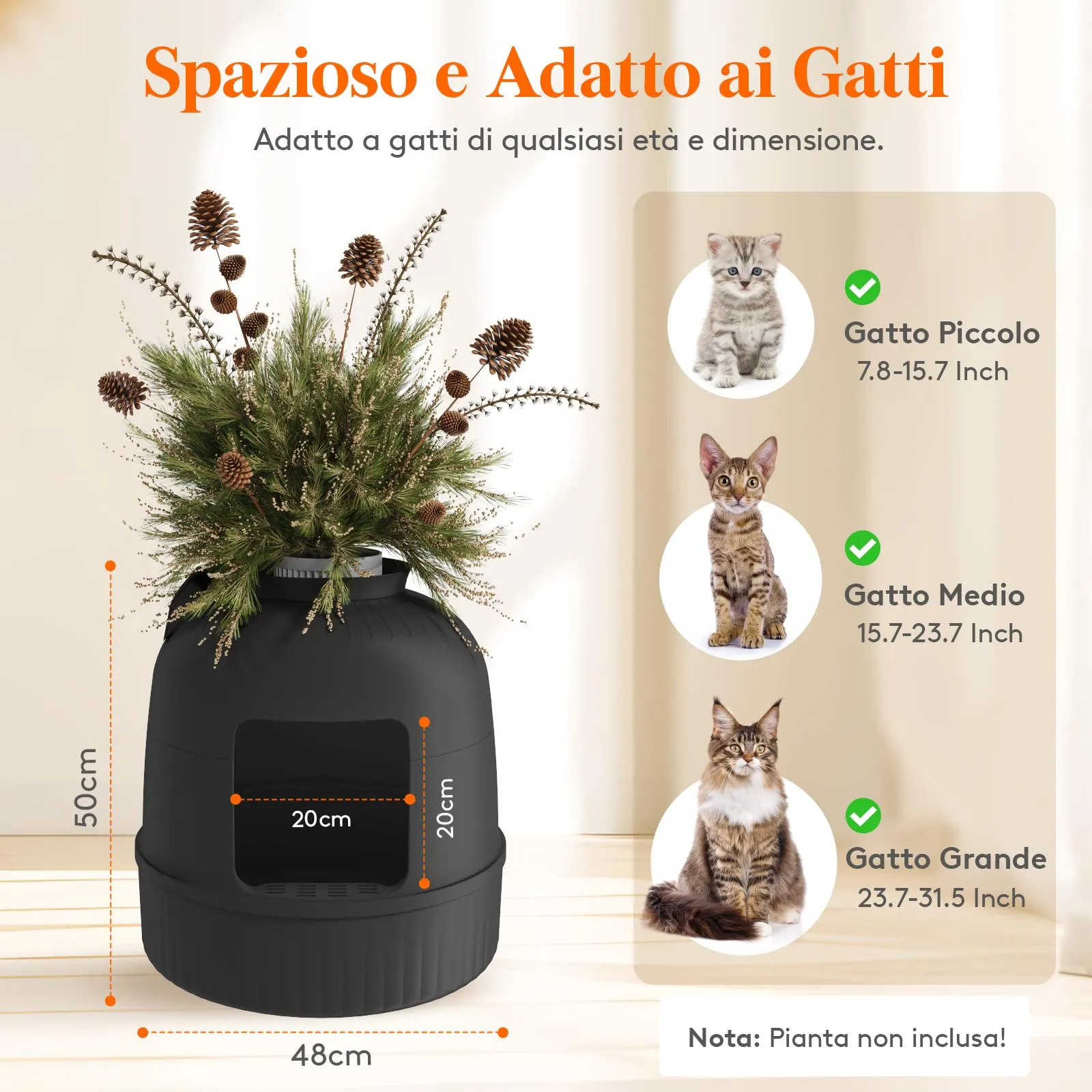 Lifewit Lettiera Gatto con Deodorante e Filtro a Carboni Attivi, Toilette per Gatti per Soggiorno, Camera da Letto e Angoli, Lettiera a Forma di Vaso con Paletta, 48 x 48 x 50 cm, Nero - immagine 4