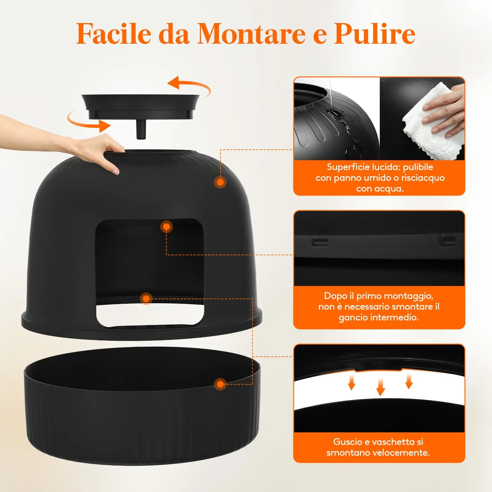 Lifewit Lettiera Gatto con Deodorante e Filtro a Carboni Attivi, Toilette per Gatti per Soggiorno, Camera da Letto e Angoli, Lettiera a Forma di Vaso con Paletta, 48 x 48 x 50 cm, Nero - immagine 5