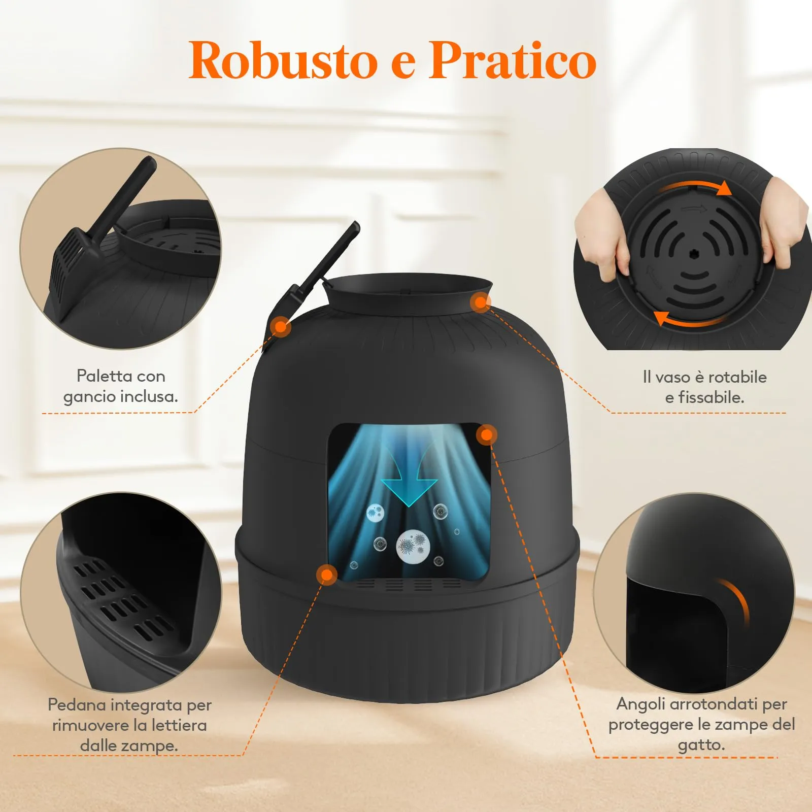 Lifewit Lettiera Gatto con Deodorante e Filtro a Carboni Attivi, Toilette per Gatti per Soggiorno, Camera da Letto e Angoli, Lettiera a Forma di Vaso con Paletta, 48 x 48 x 50 cm, Nero - immagine 7