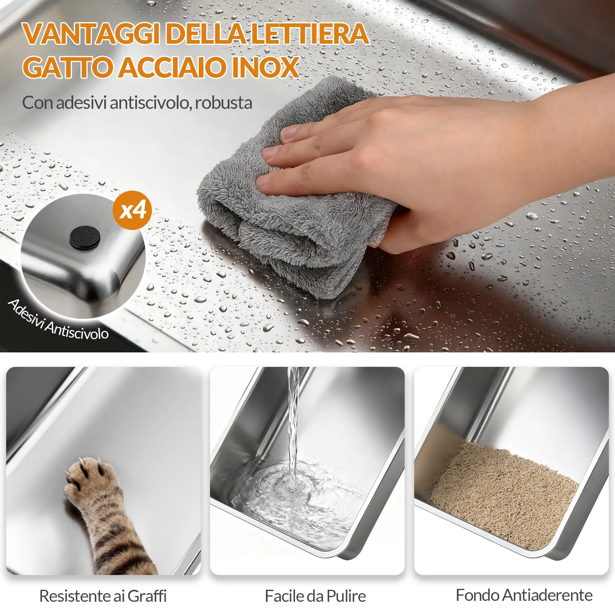 Fobyfurny Lettiera in Acciaio per Gatti XXL, 60,5x40x29 cm, Grigio Chiaro - immagine 2