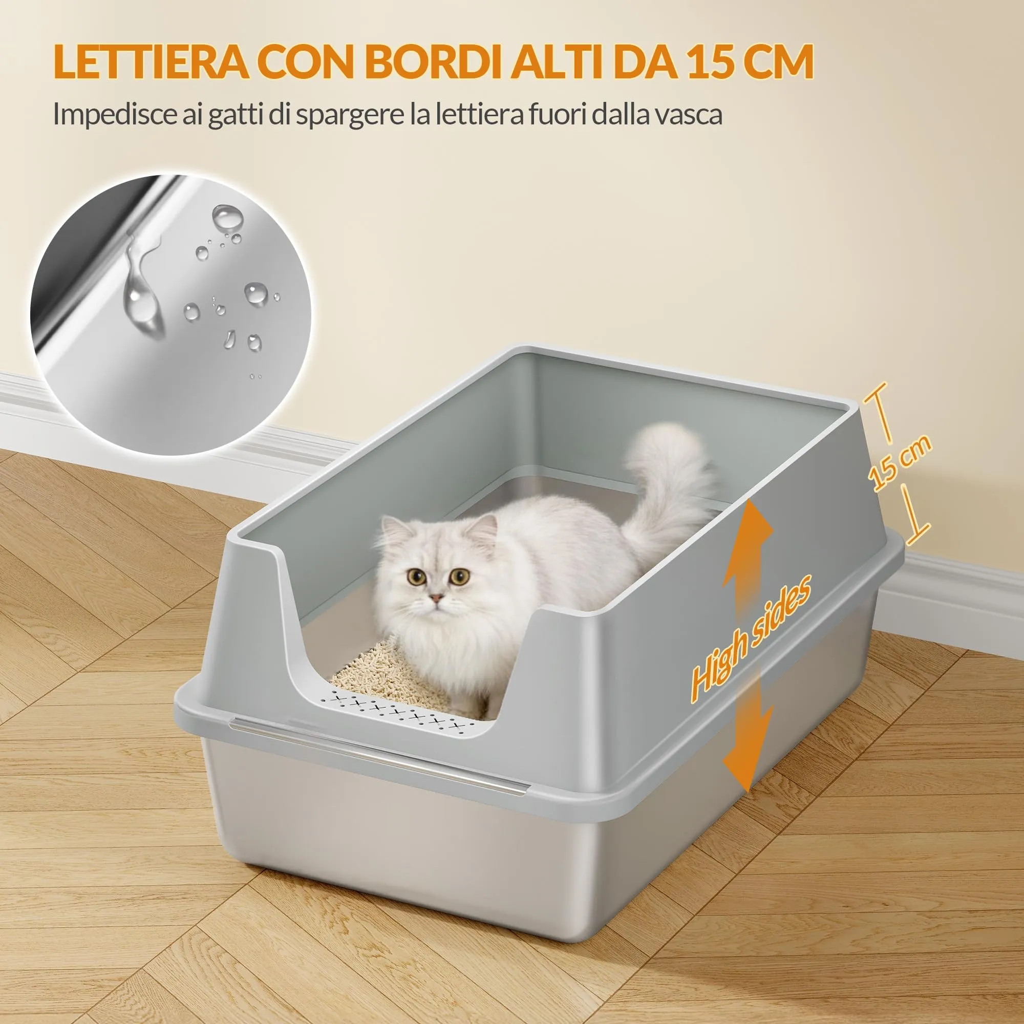Fobyfurny Lettiera in Acciaio per Gatti XXL, 60,5x40x29 cm, Grigio Chiaro - immagine 4