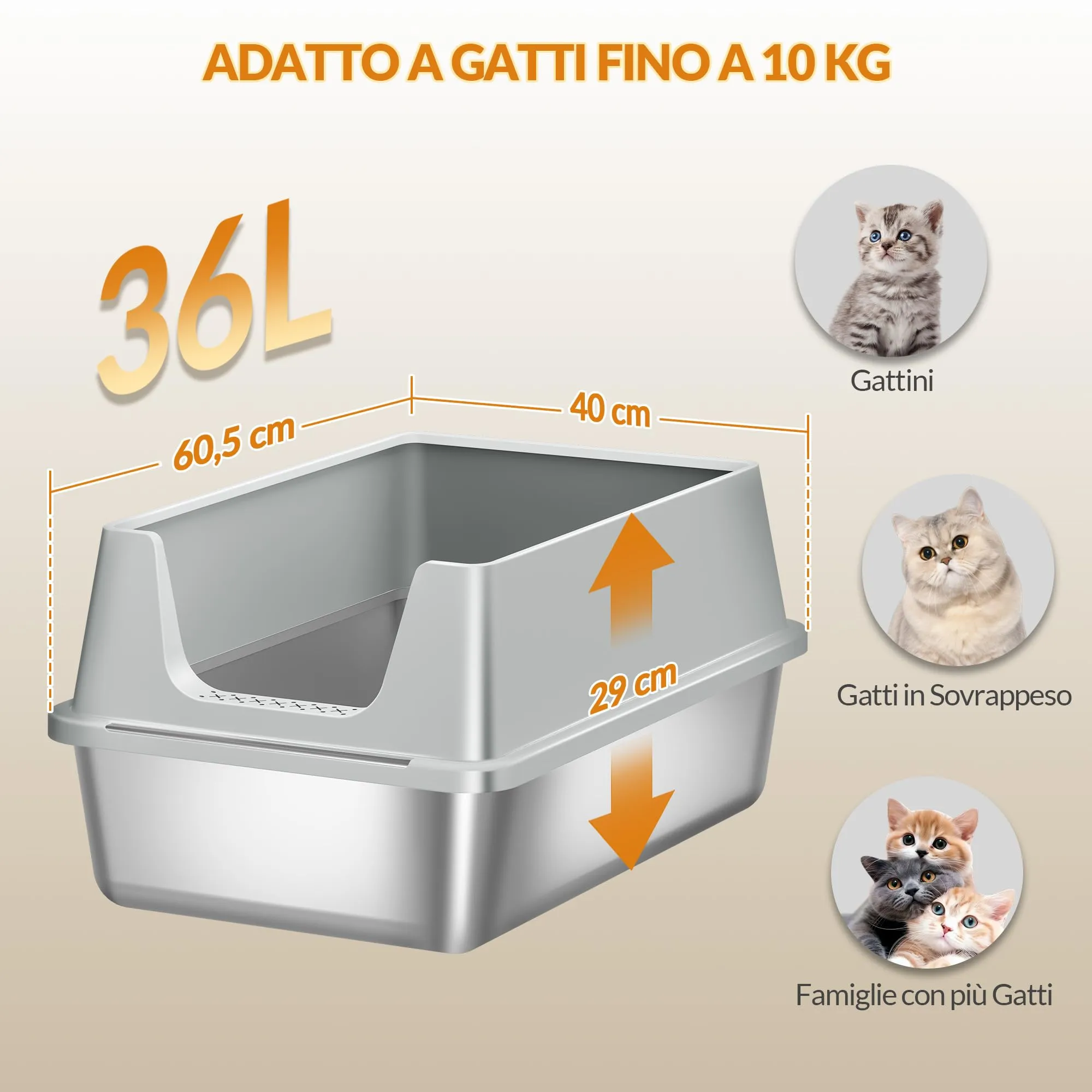 Fobyfurny Lettiera in Acciaio per Gatti XXL, 60,5x40x29 cm, Grigio Chiaro - immagine 6