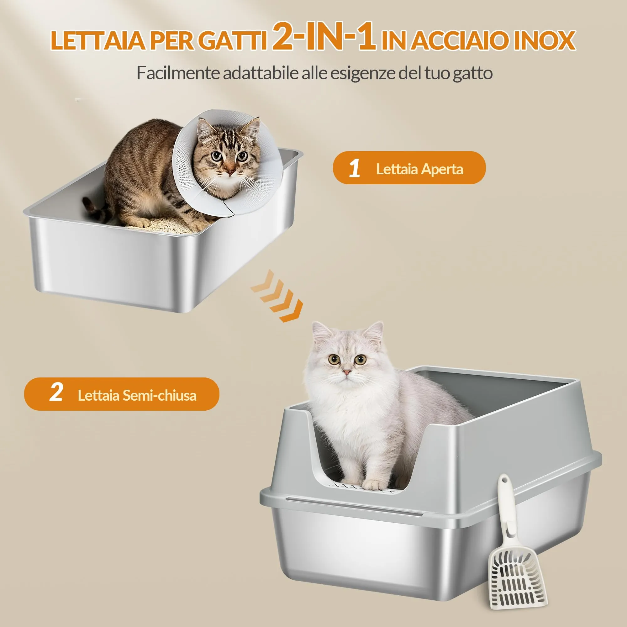 Fobyfurny Lettiera in Acciaio per Gatti XXL, 60,5x40x29 cm, Grigio Chiaro - immagine 7