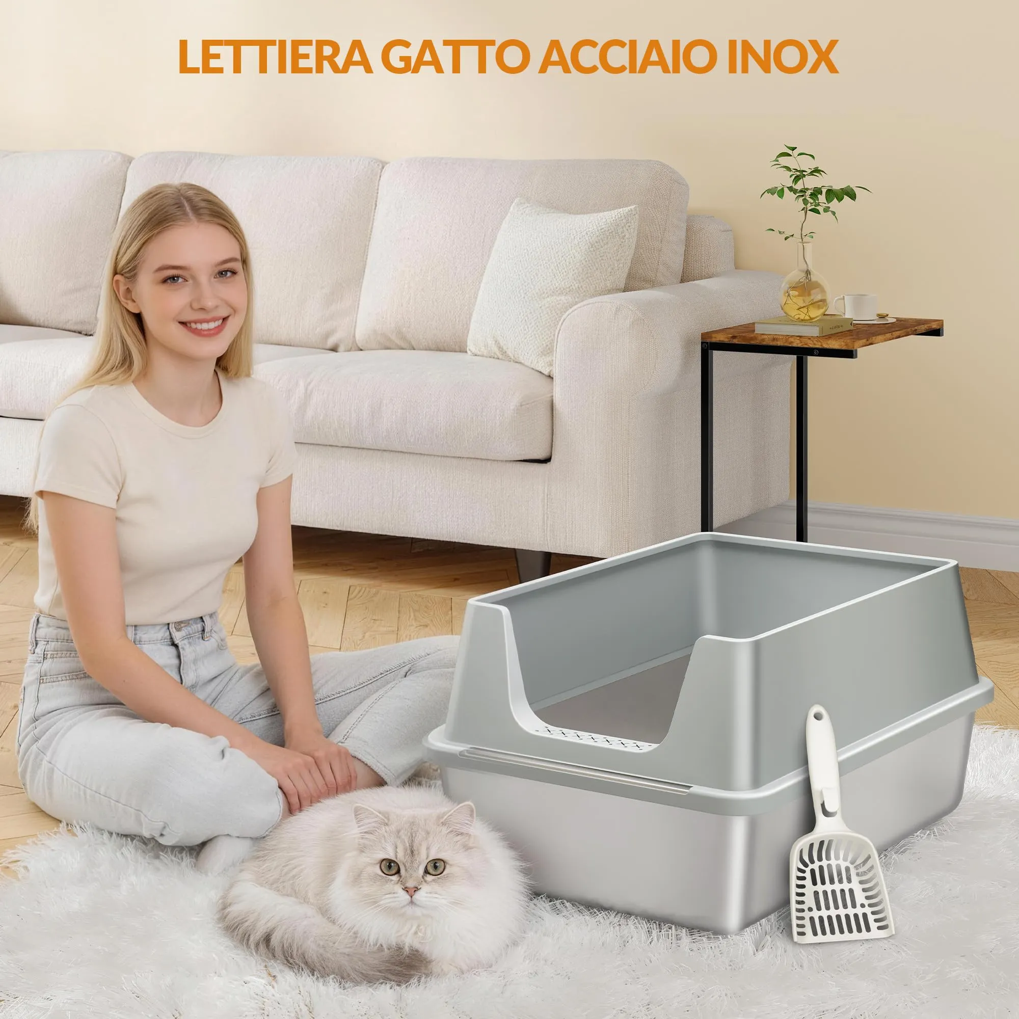 Fobyfurny Lettiera in Acciaio per Gatti XXL, 60,5x40x29 cm, Grigio Chiaro - immagine 8