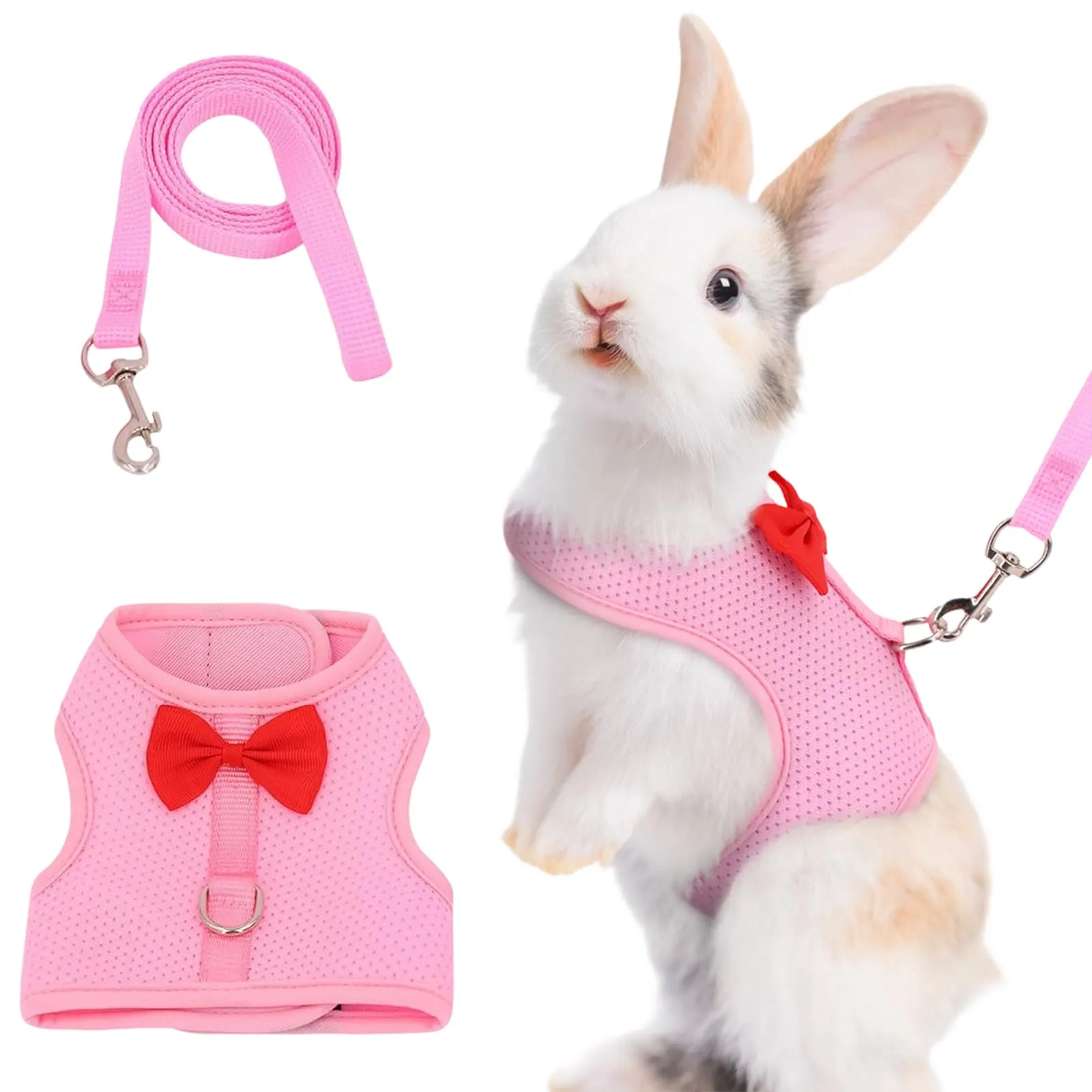 Guinzaglio Per Coniglio Nano, imbracatura con guinzaglio, Accessori Conigli, Stoviglie Con Guinzaglio, Pettorina Regolabile, pettorina coniglio nano(Rosa, M) - immagine 1