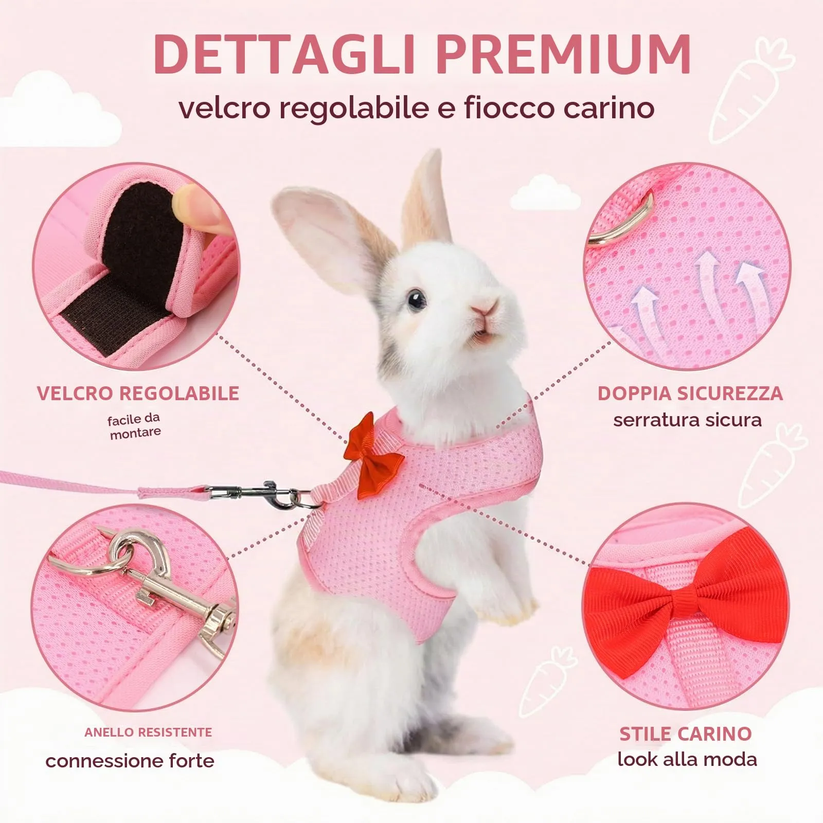 Guinzaglio Per Coniglio Nano, imbracatura con guinzaglio, Accessori Conigli, Stoviglie Con Guinzaglio, Pettorina Regolabile, pettorina coniglio nano(Rosa, M) - immagine 3