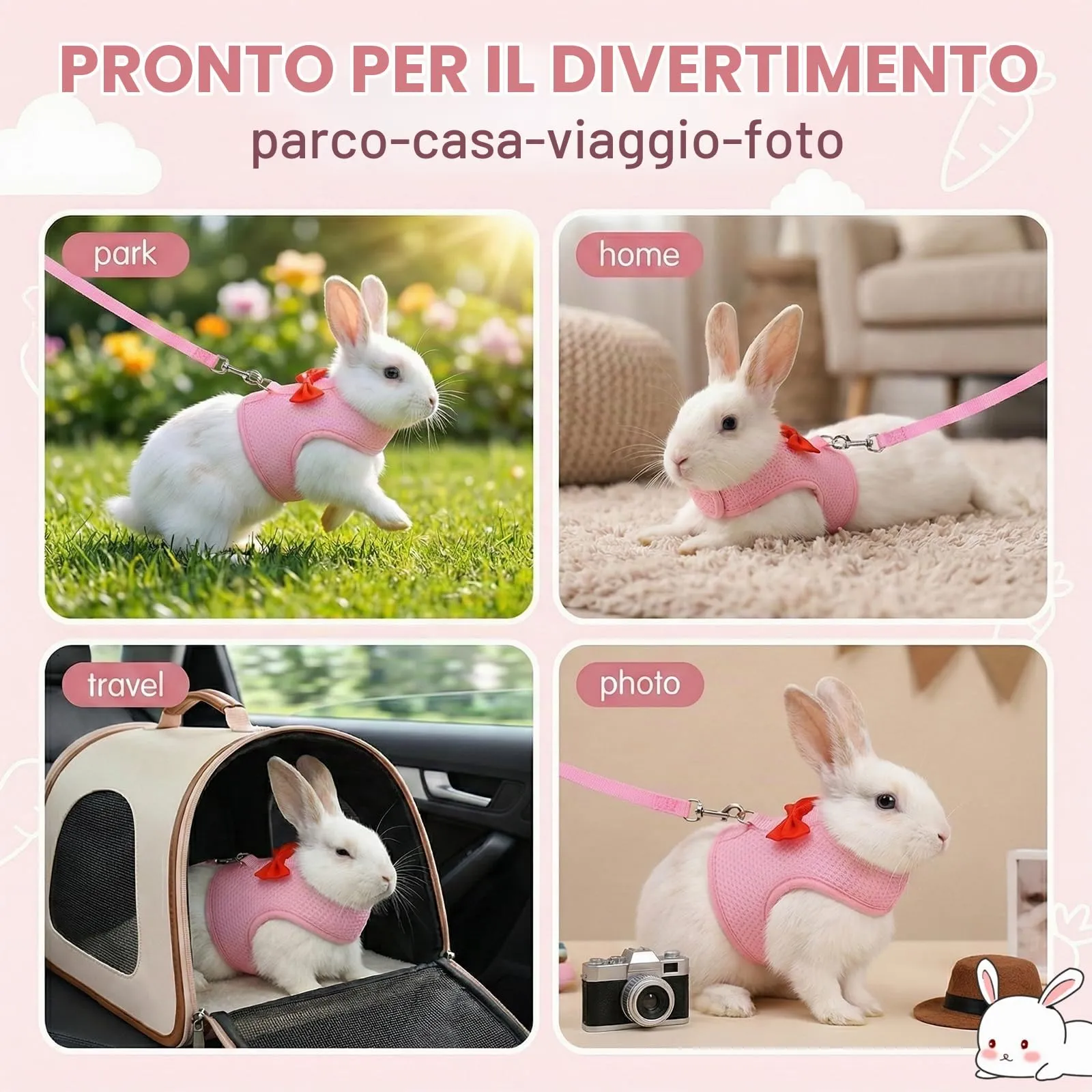 Guinzaglio Per Coniglio Nano, imbracatura con guinzaglio, Accessori Conigli, Stoviglie Con Guinzaglio, Pettorina Regolabile, pettorina coniglio nano(Rosa, M) - immagine 6