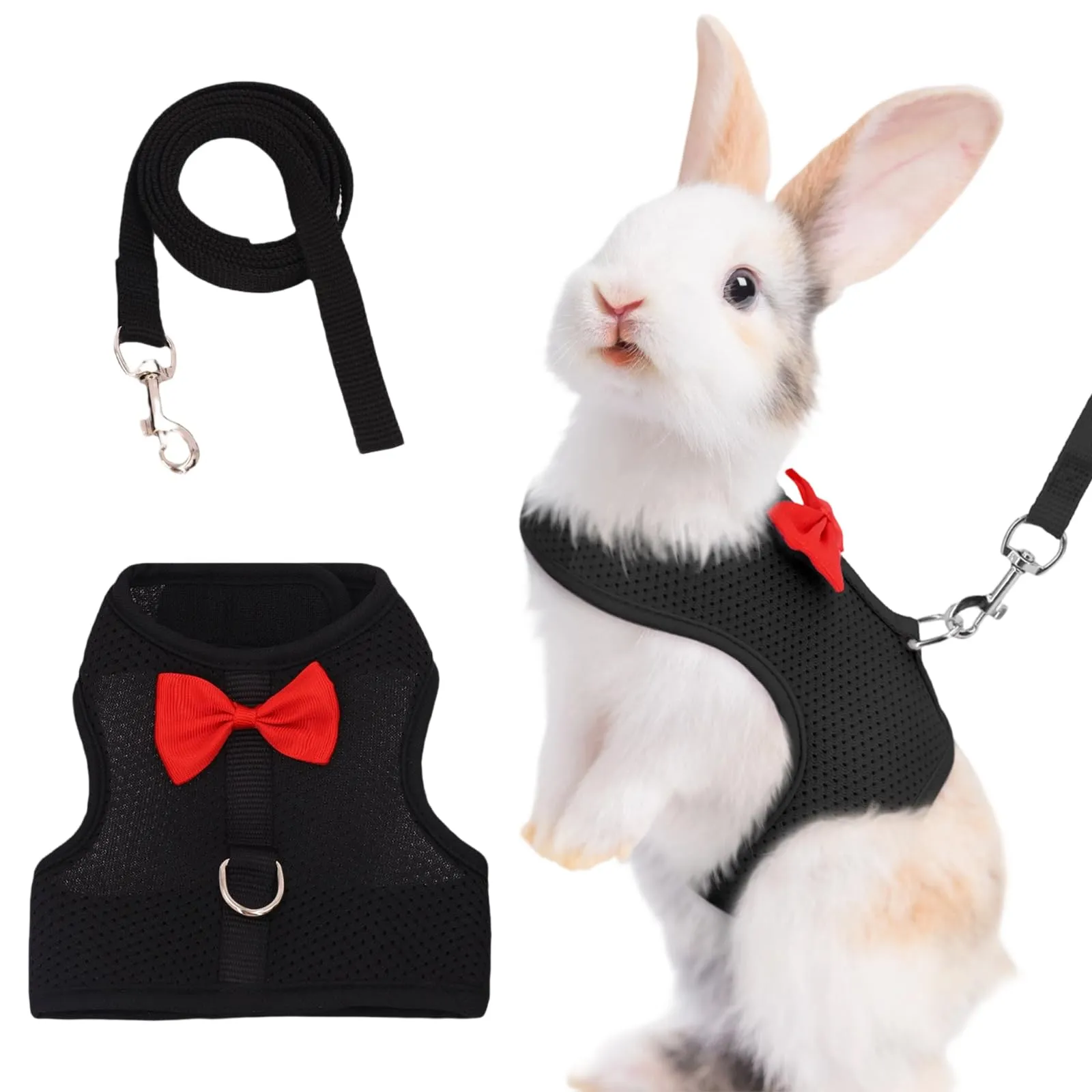 Guinzaglio Per Coniglio Nano, imbracatura con guinzaglio, Accessori Conigli, Stoviglie Con Guinzaglio, Pettorina Regolabile, pettorina coniglio nano(Nero, M) - immagine 1