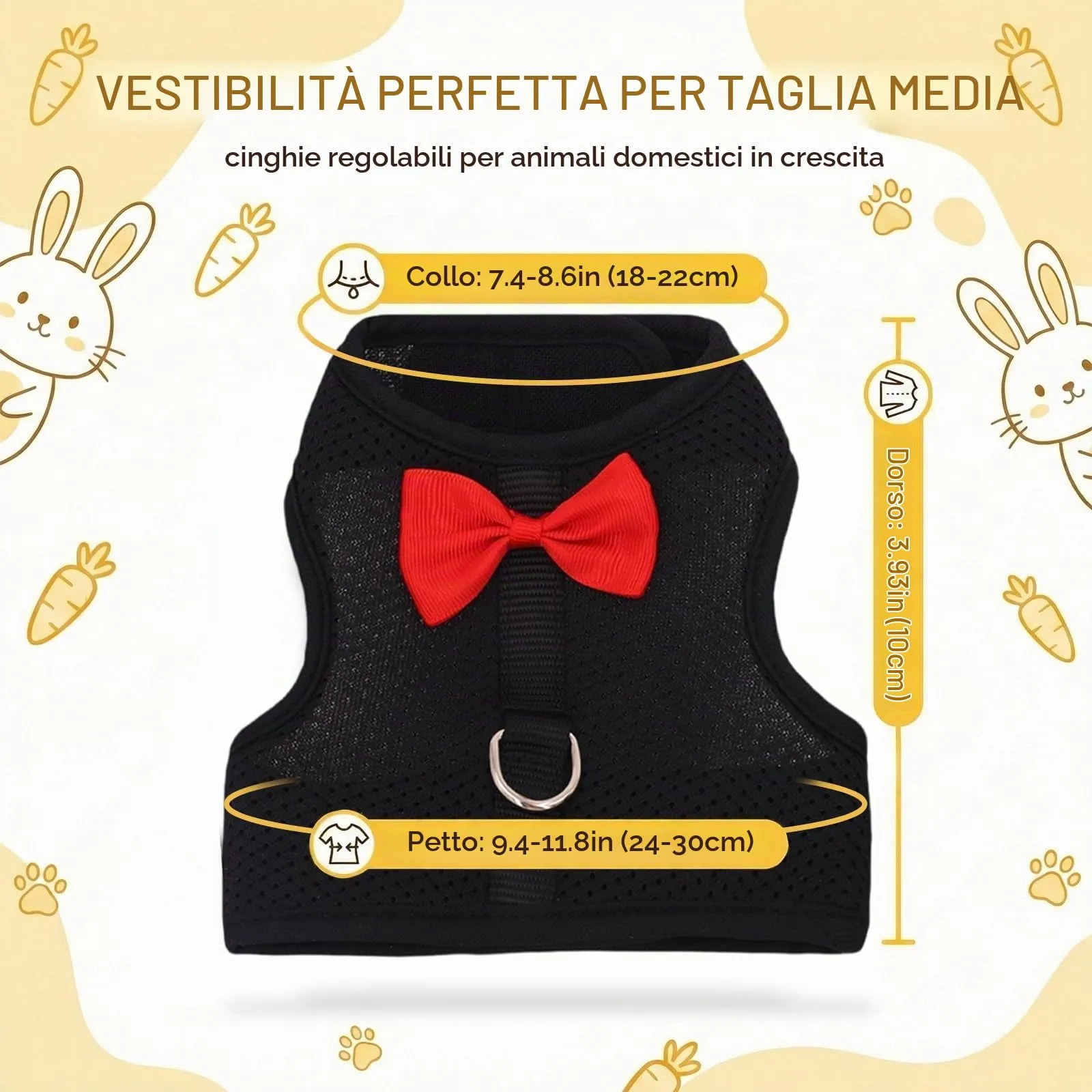 Guinzaglio Per Coniglio Nano, imbracatura con guinzaglio, Accessori Conigli, Stoviglie Con Guinzaglio, Pettorina Regolabile, pettorina coniglio nano(Nero, M) - immagine 2