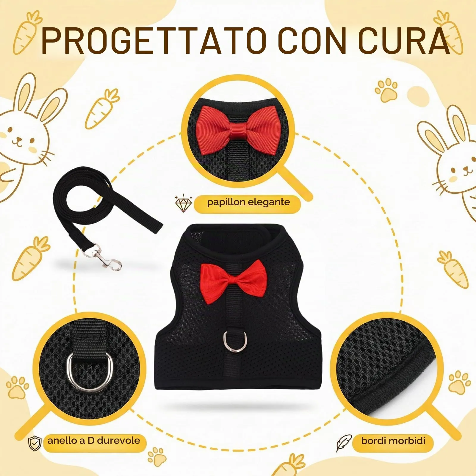 Guinzaglio Per Coniglio Nano, imbracatura con guinzaglio, Accessori Conigli, Stoviglie Con Guinzaglio, Pettorina Regolabile, pettorina coniglio nano(Nero, M) - immagine 3