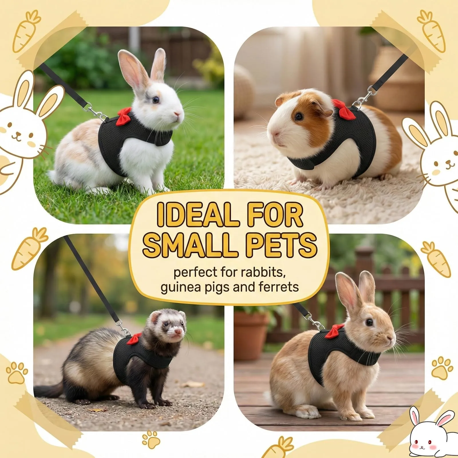 Guinzaglio Per Coniglio Nano, imbracatura con guinzaglio, Accessori Conigli, Stoviglie Con Guinzaglio, Pettorina Regolabile, pettorina coniglio nano(Nero, M) - immagine 6