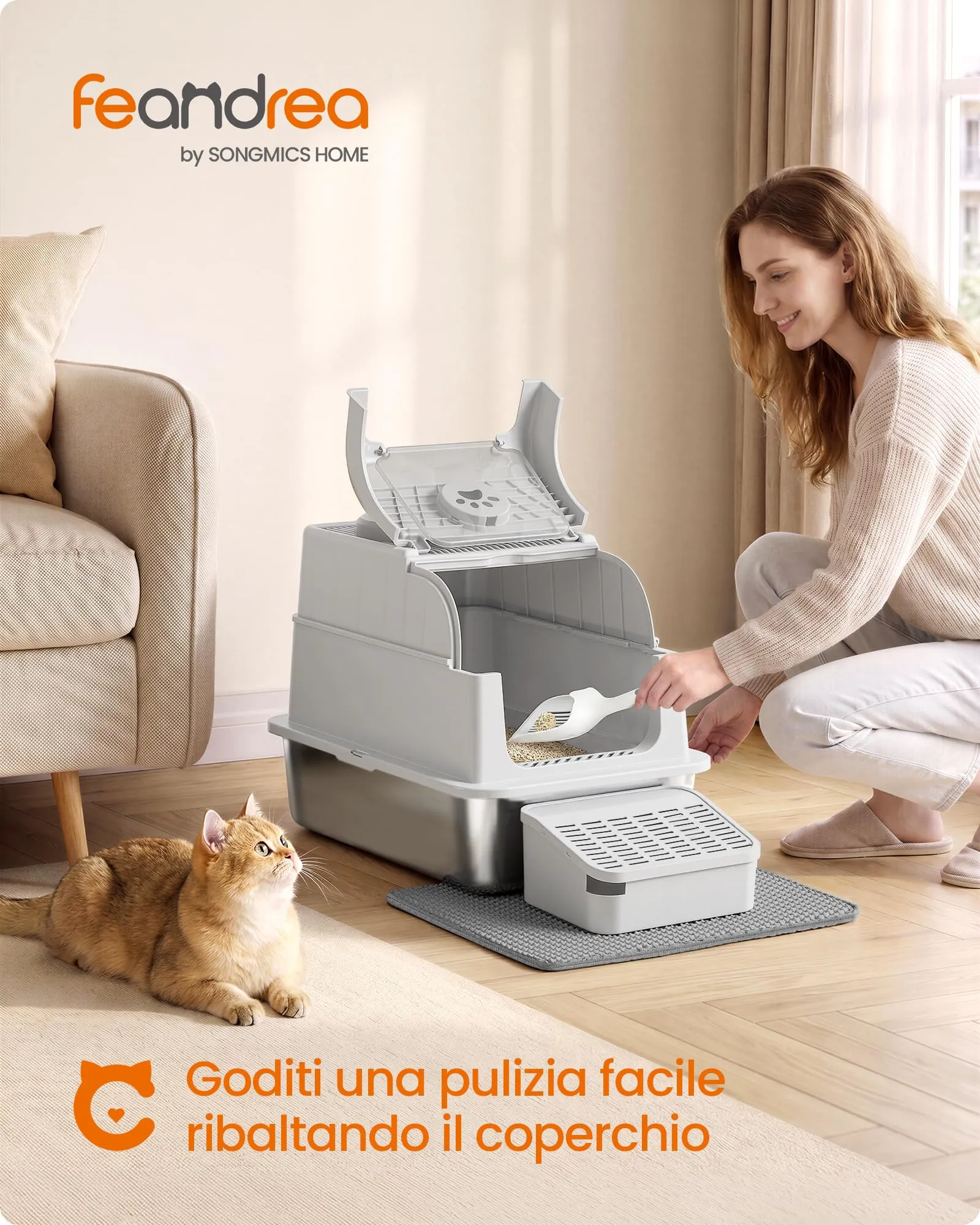 Feandrea Lettiera per Gatti in Acciaio Inox con Coperchio, 2 Ingressi - immagine 2