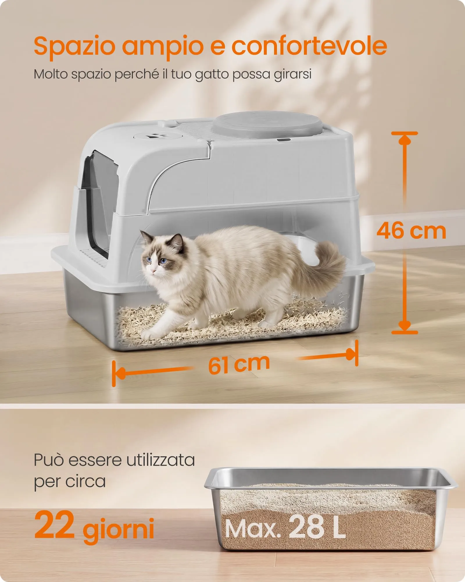 Feandrea Lettiera per Gatti in Acciaio Inox con Coperchio, 2 Ingressi - immagine 4
