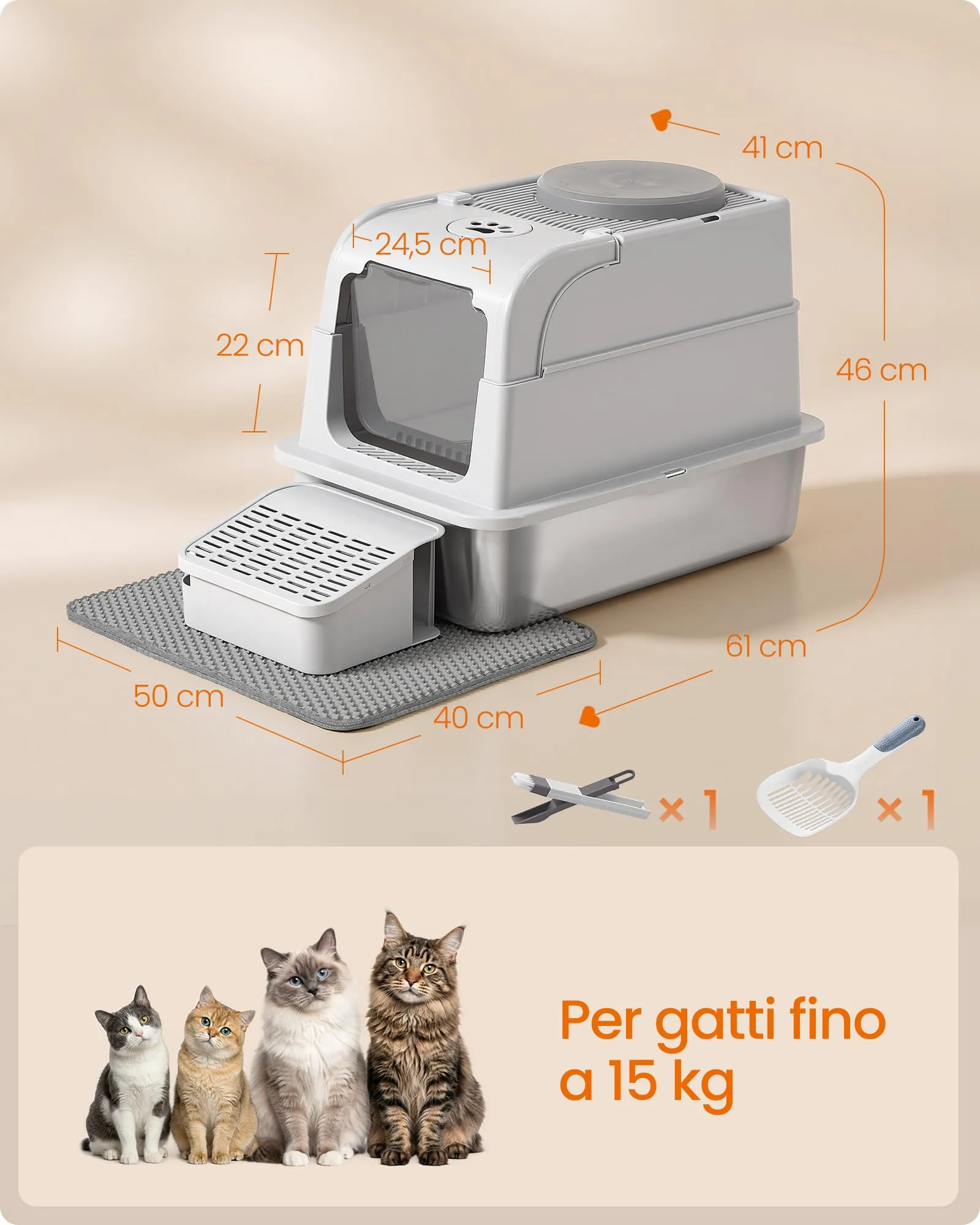 Feandrea Lettiera per Gatti in Acciaio Inox con Coperchio, 2 Ingressi - immagine 5