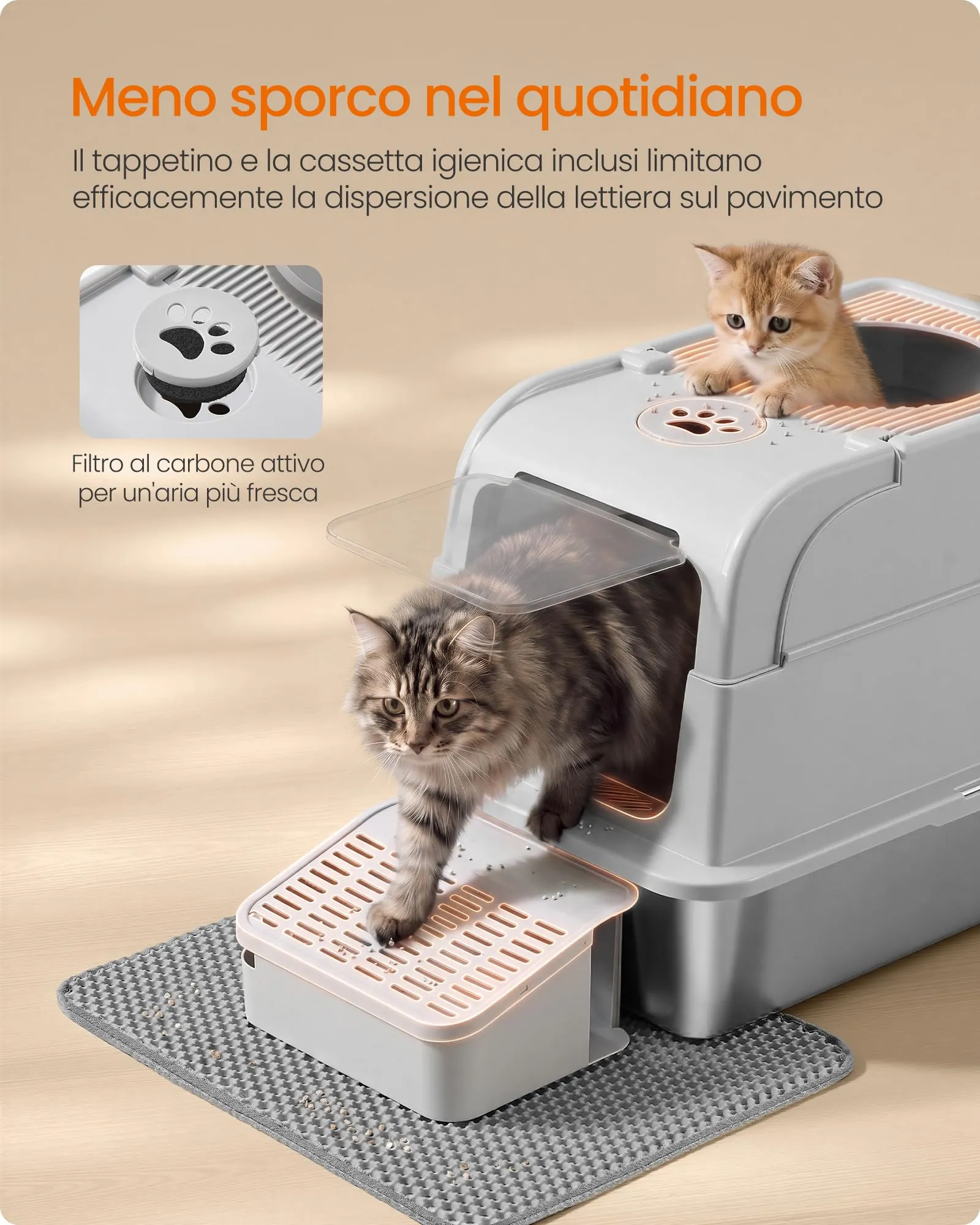 Feandrea Lettiera per Gatti in Acciaio Inox con Coperchio, 2 Ingressi - immagine 7