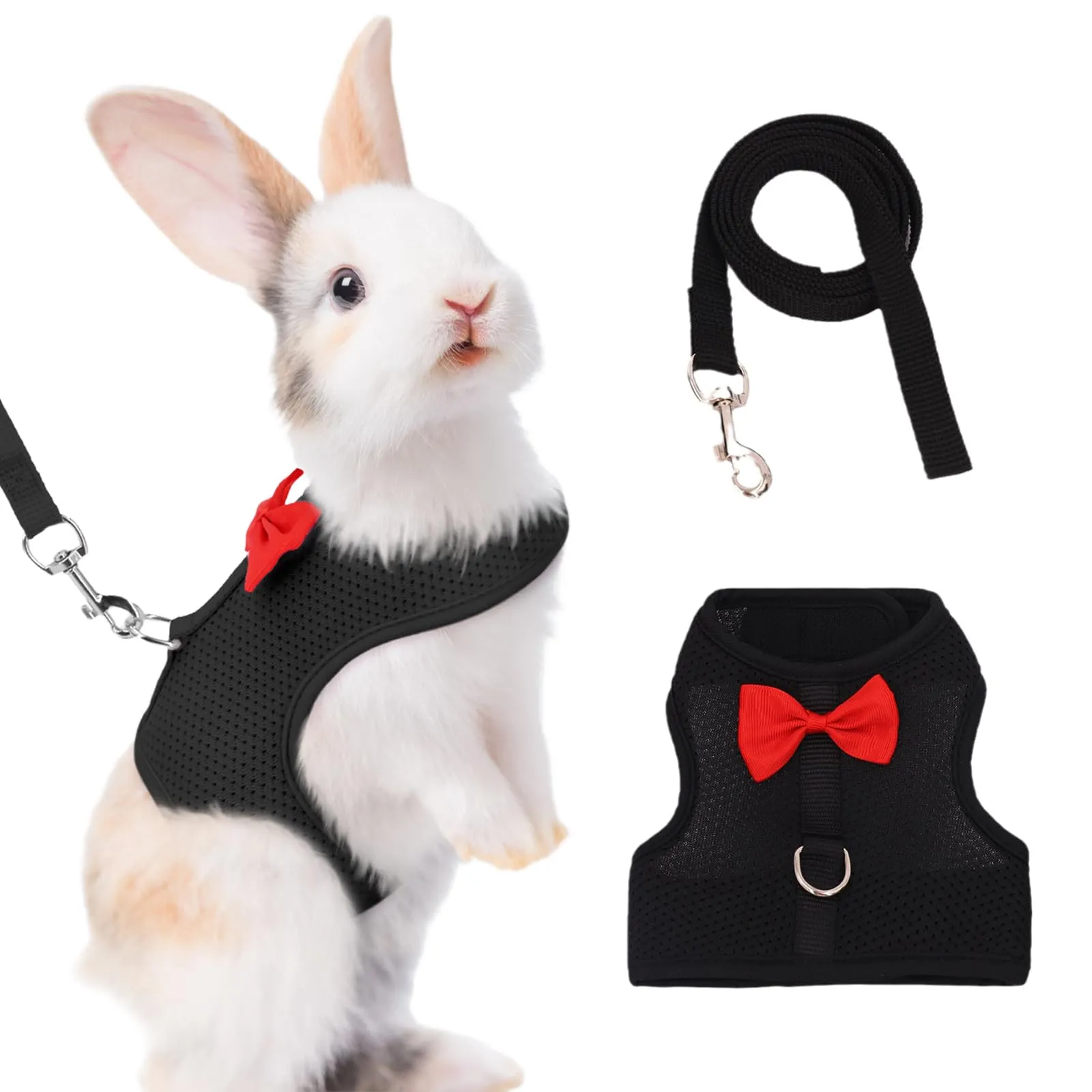 Pettorina Coniglio Nano con Guinzaglio, Accessori per Conigli e Piccoli Animali, Imbracatura Regolabile e Morbida per Passeggiate in Sicurezza, Taglia S, Nero - immagine 1