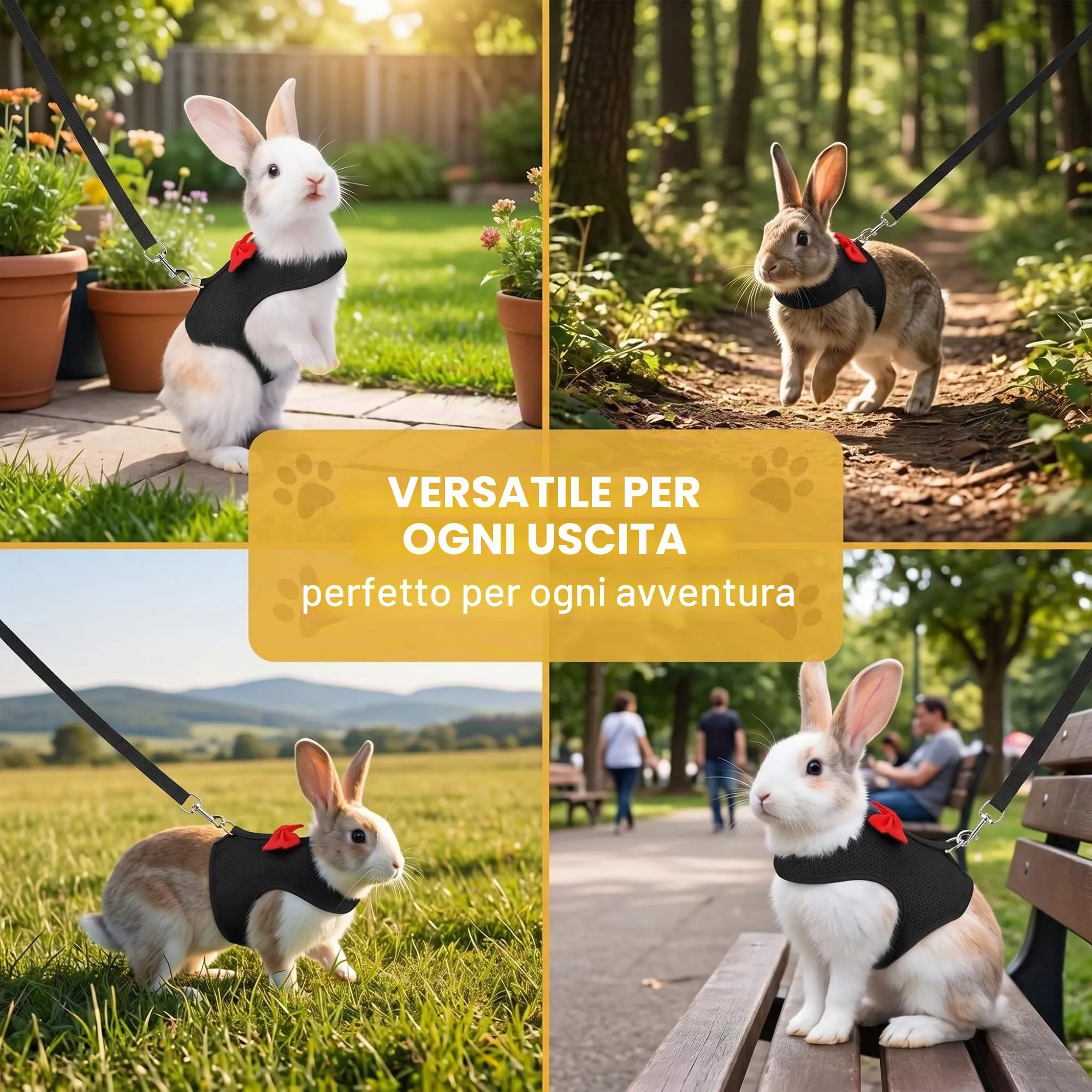 Pettorina Coniglio Nano con Guinzaglio, Accessori per Conigli e Piccoli Animali, Imbracatura Regolabile e Morbida per Passeggiate in Sicurezza, Taglia S, Nero - immagine 4