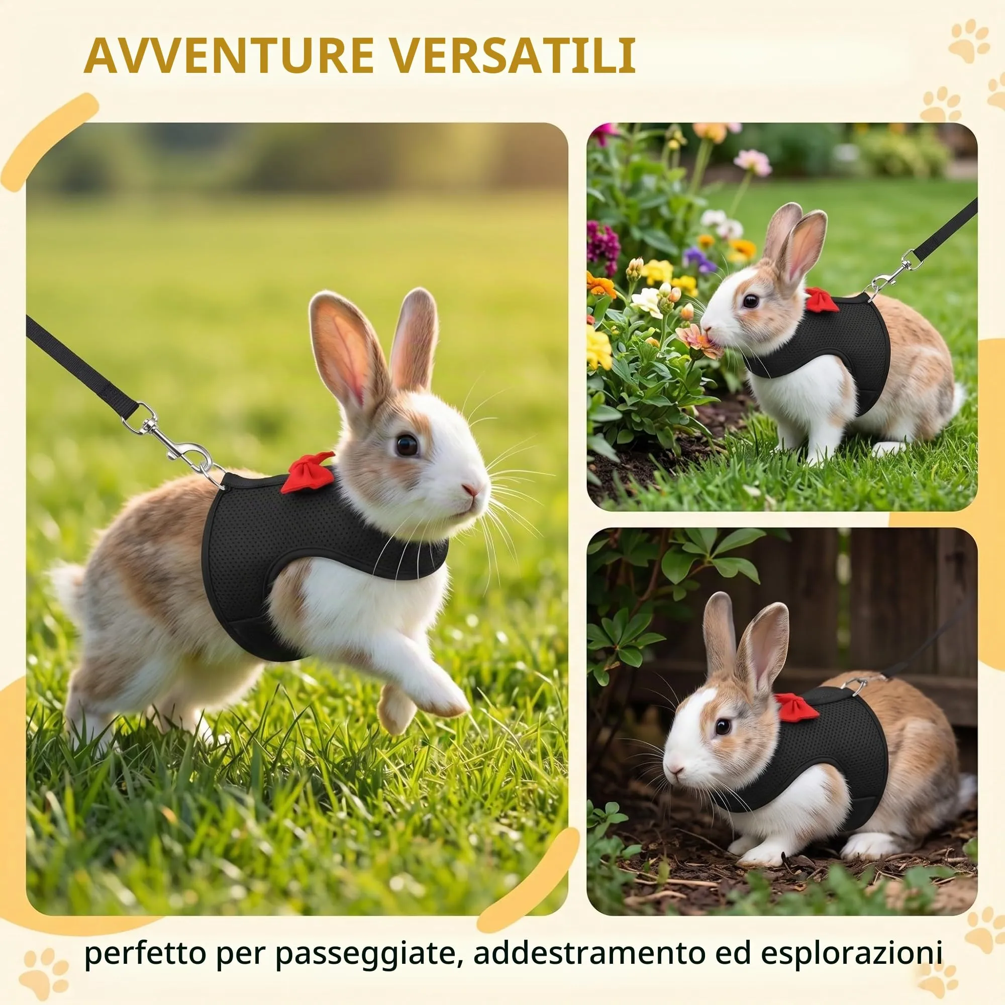 Pettorina Coniglio Nano con Guinzaglio Regolabile, Accessori per Conigli e Piccoli Animali, Imbracatura Sicura e Confortevole per Passeggiate all'Aperto, Nero, Taglia L - immagine 4