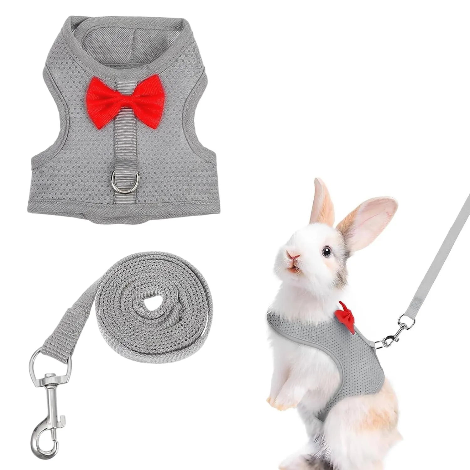 Pettorina Coniglio Nano con Guinzaglio, Pettorina Gatto Taglia Piccola Regolabile, Set Accessori per Conigli, Gattini e Piccoli Animali, Traspirante e Sicura, Grigio Siderale, Taglia S - immagine 1