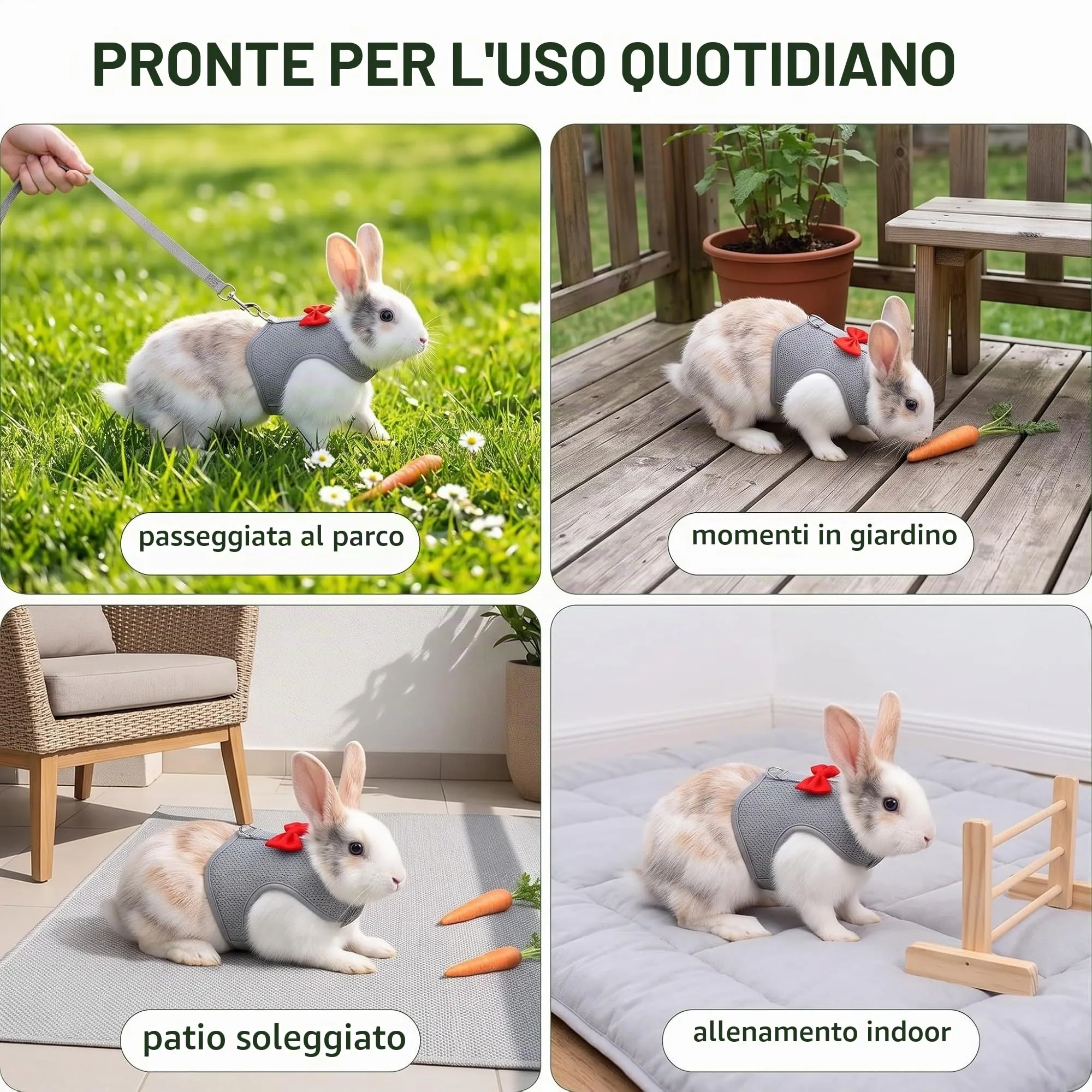 Pettorina Coniglio Nano con Guinzaglio, Pettorina Gatto Taglia Piccola Regolabile, Set Accessori per Conigli, Gattini e Piccoli Animali, Traspirante e Sicura, Grigio Siderale, Taglia S - immagine 2