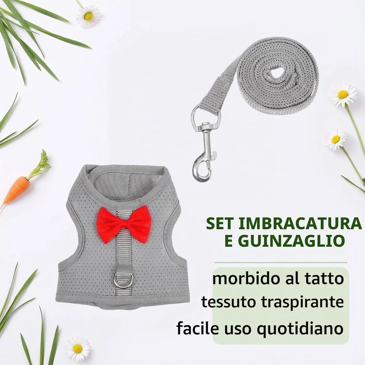 Pettorina Coniglio Nano con Guinzaglio, Pettorina Gatto Taglia Piccola Regolabile, Set Accessori per Conigli, Gattini e Piccoli Animali, Traspirante e Sicura, Grigio Siderale, Taglia S - immagine 7