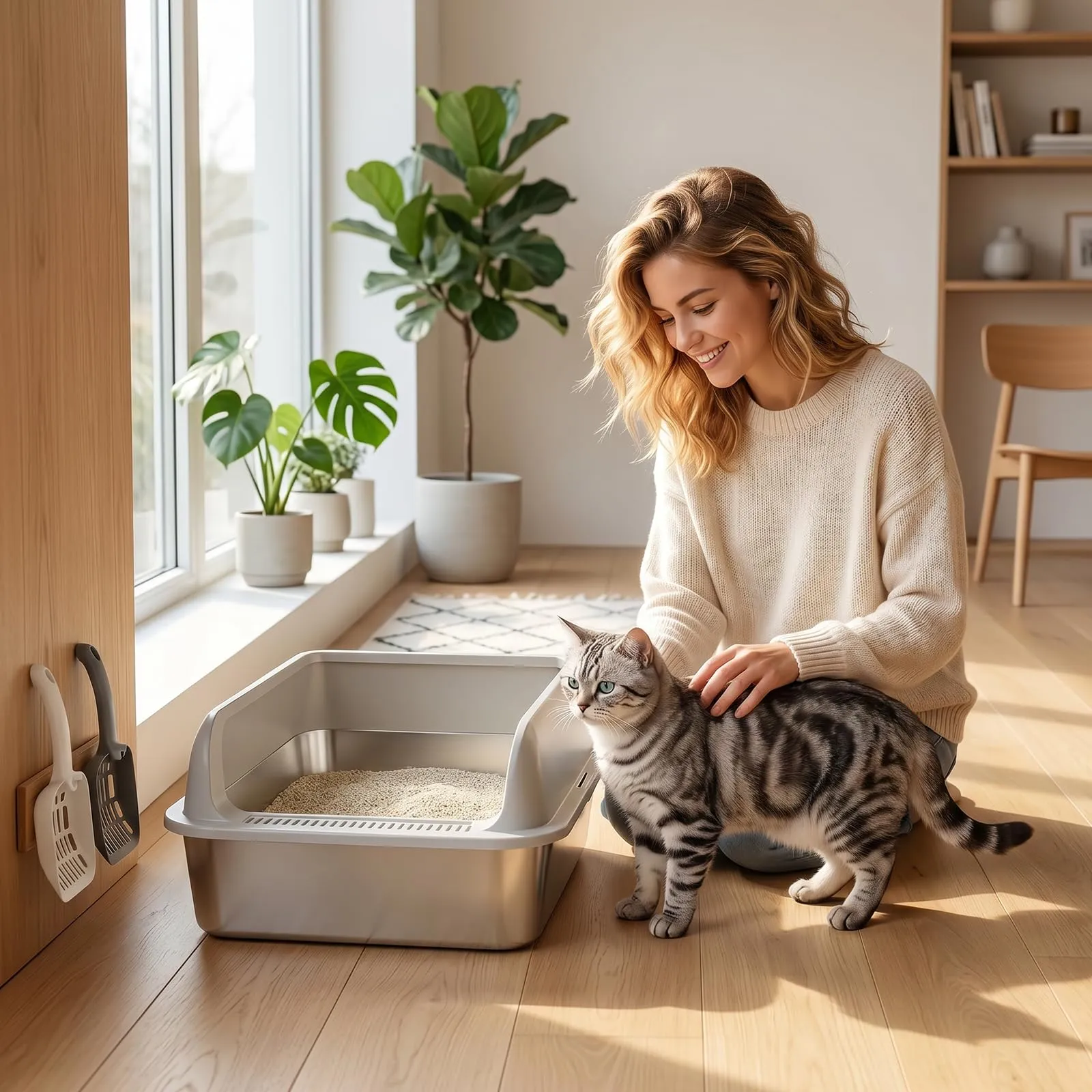2 Pezzi Lettiera Gatto Acciaio Inox, grande lettiera in acciaio inox, con bordo alto, per gatto, 50 x 35 x 20 cm, pala per gatti (M - Grigio&Nero) - immagine 2