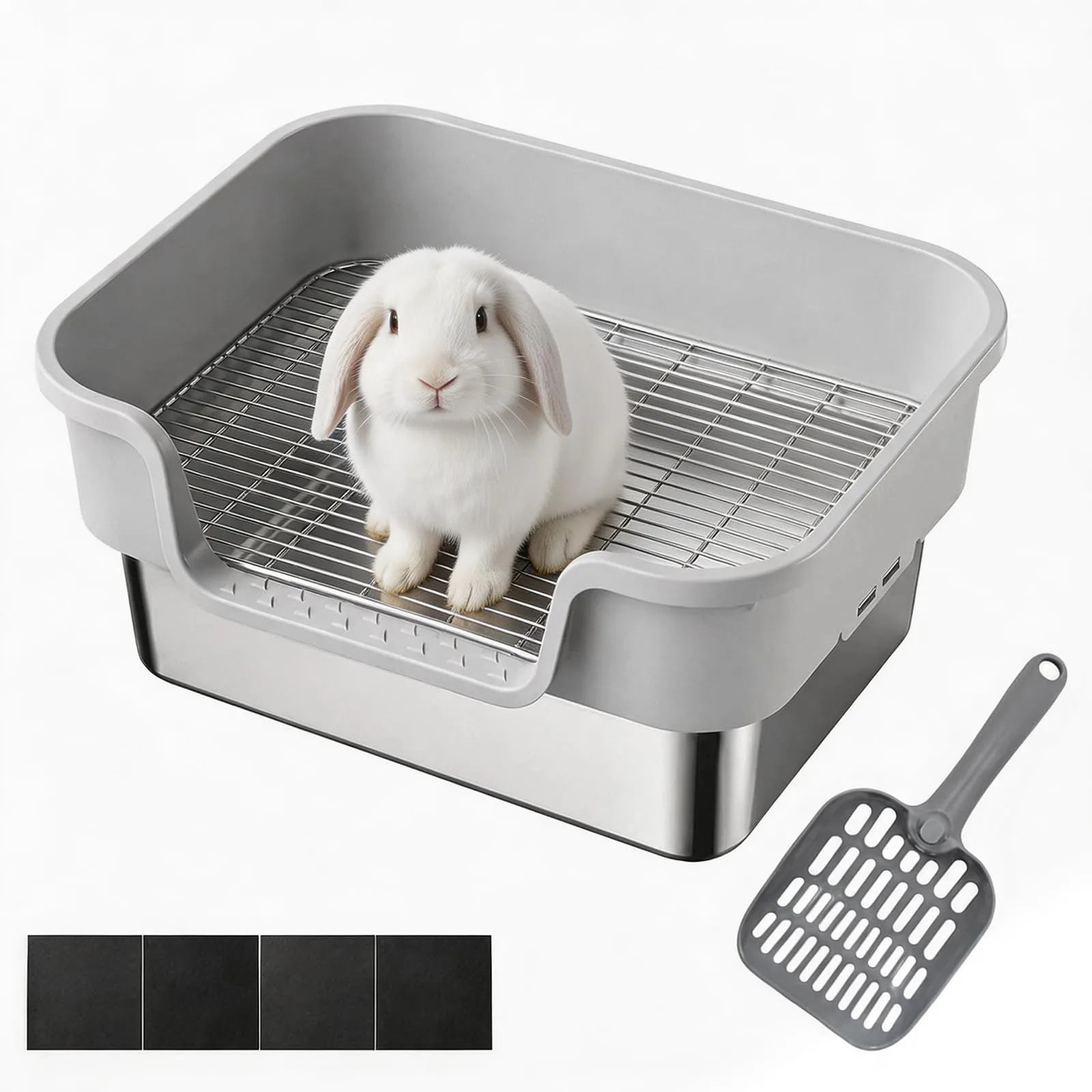 Lettiera per Conigli in Acciaio Inox con Griglia Protettiva, 45x35x17 cm - immagine 1