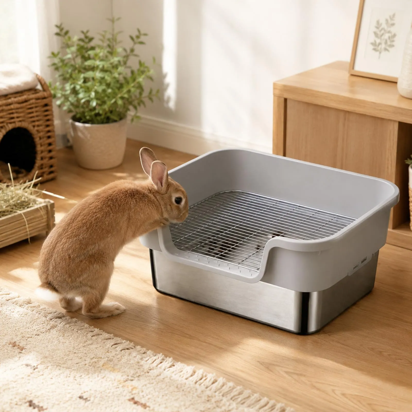 Lettiera per Conigli in Acciaio Inox con Griglia Protettiva, 45x35x17 cm - immagine 2