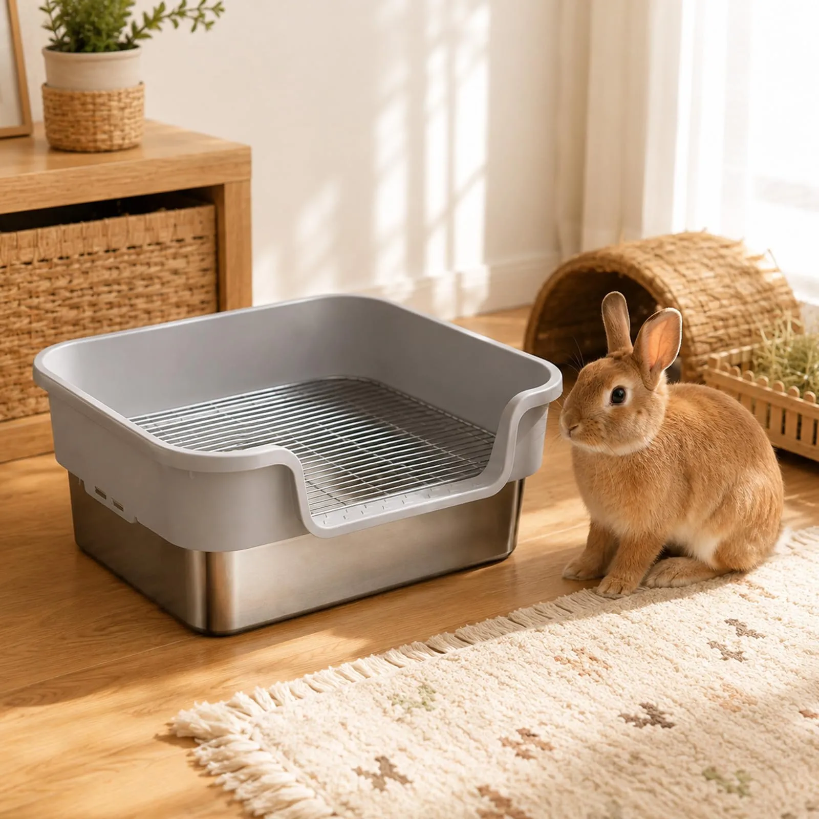 Lettiera per Conigli in Acciaio Inox con Griglia Protettiva, 45x35x17 cm - immagine 3