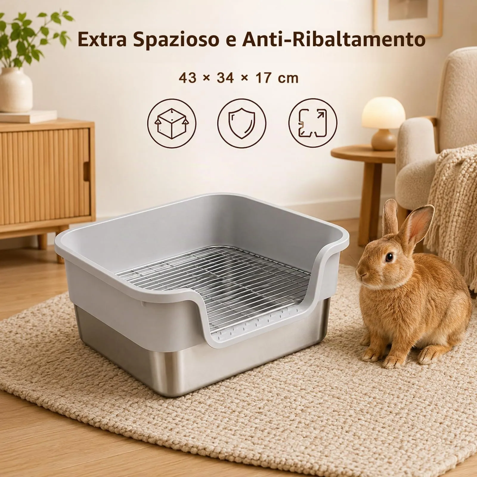 Lettiera per Conigli in Acciaio Inox con Griglia Protettiva, 45x35x17 cm - immagine 4