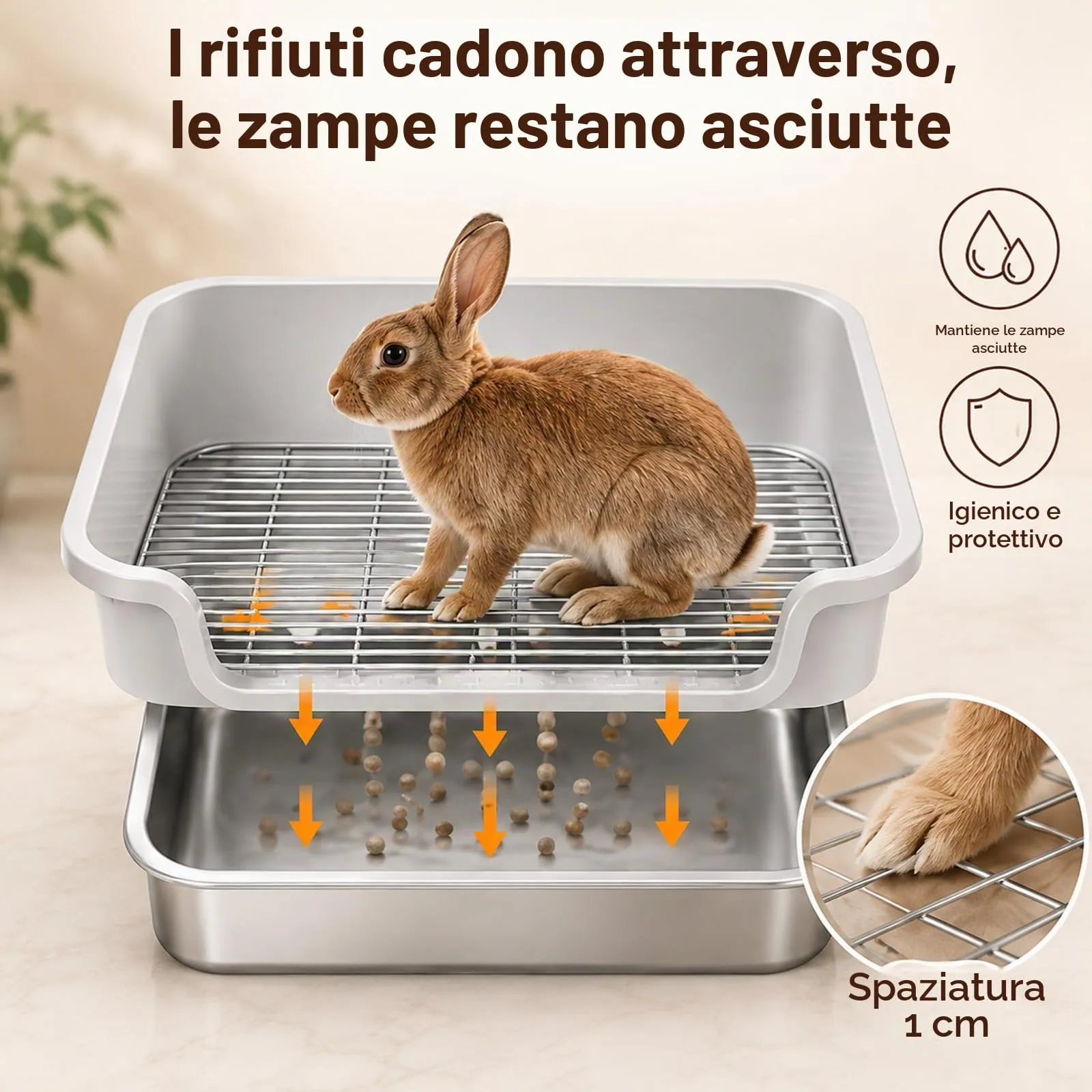 Lettiera per Conigli in Acciaio Inox con Griglia Protettiva, 45x35x17 cm - immagine 5