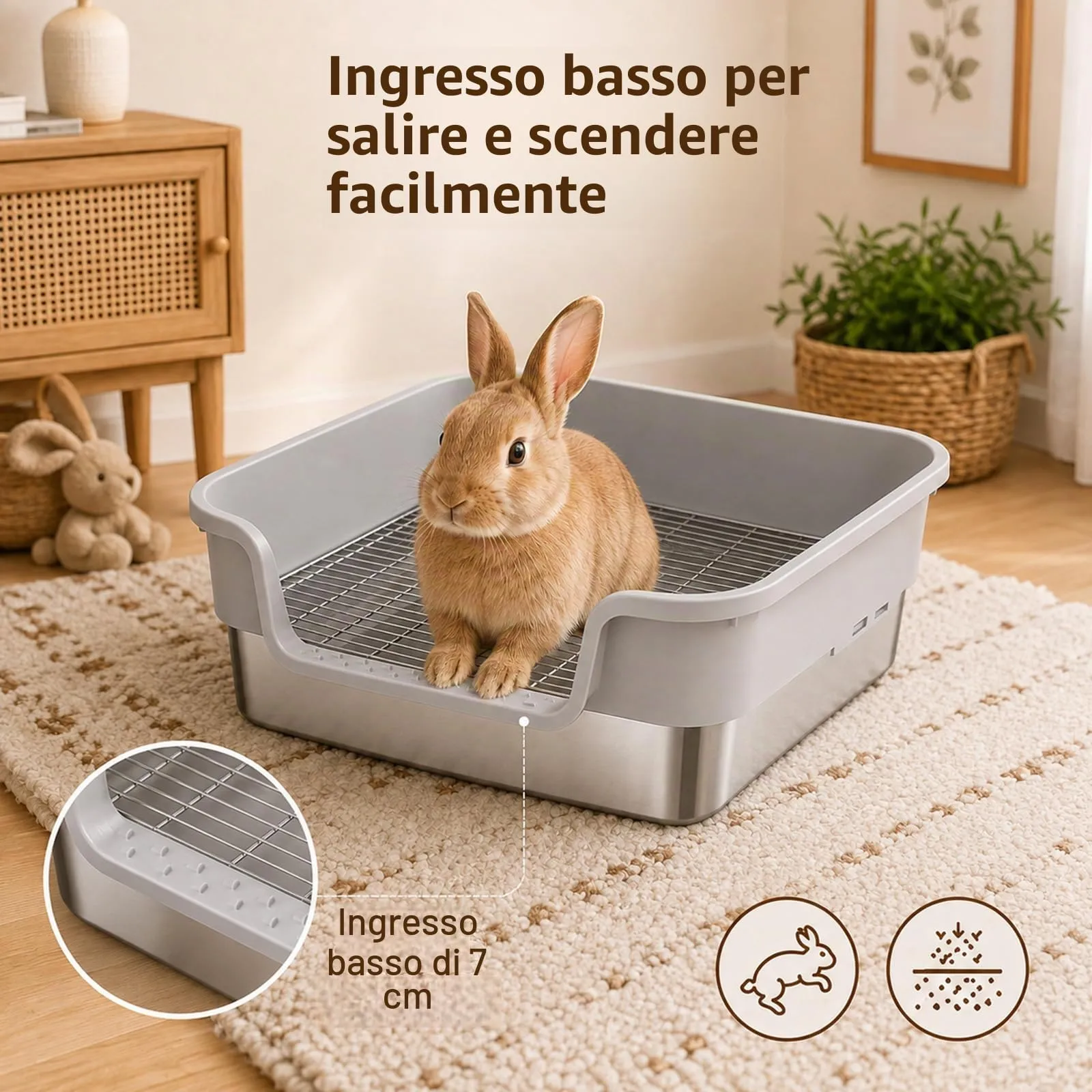 Lettiera per Conigli in Acciaio Inox con Griglia Protettiva, 45x35x17 cm - immagine 6