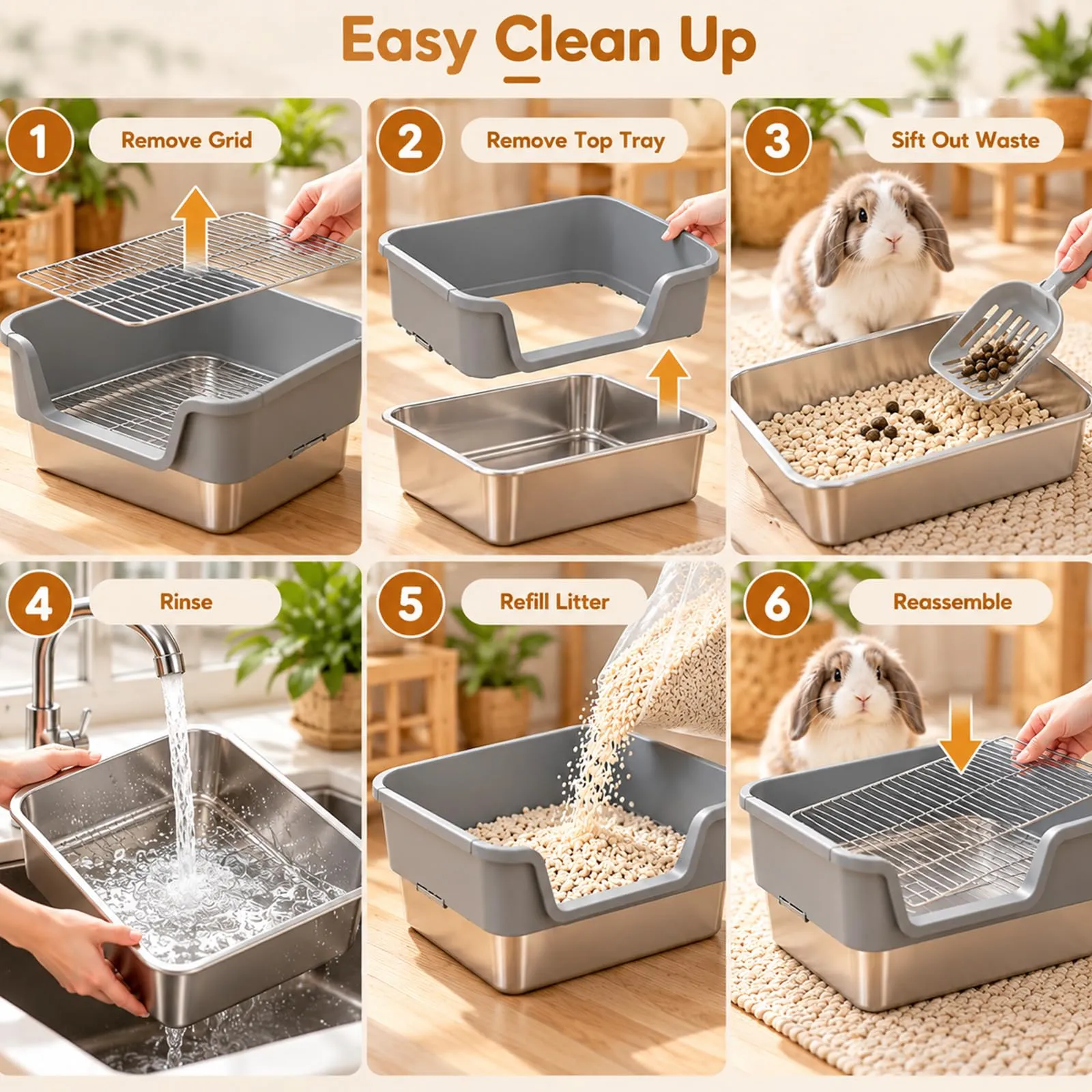 Lettiera per Conigli in Acciaio Inox con Griglia Protettiva, 43.2x33x16.5cm - immagine 3
