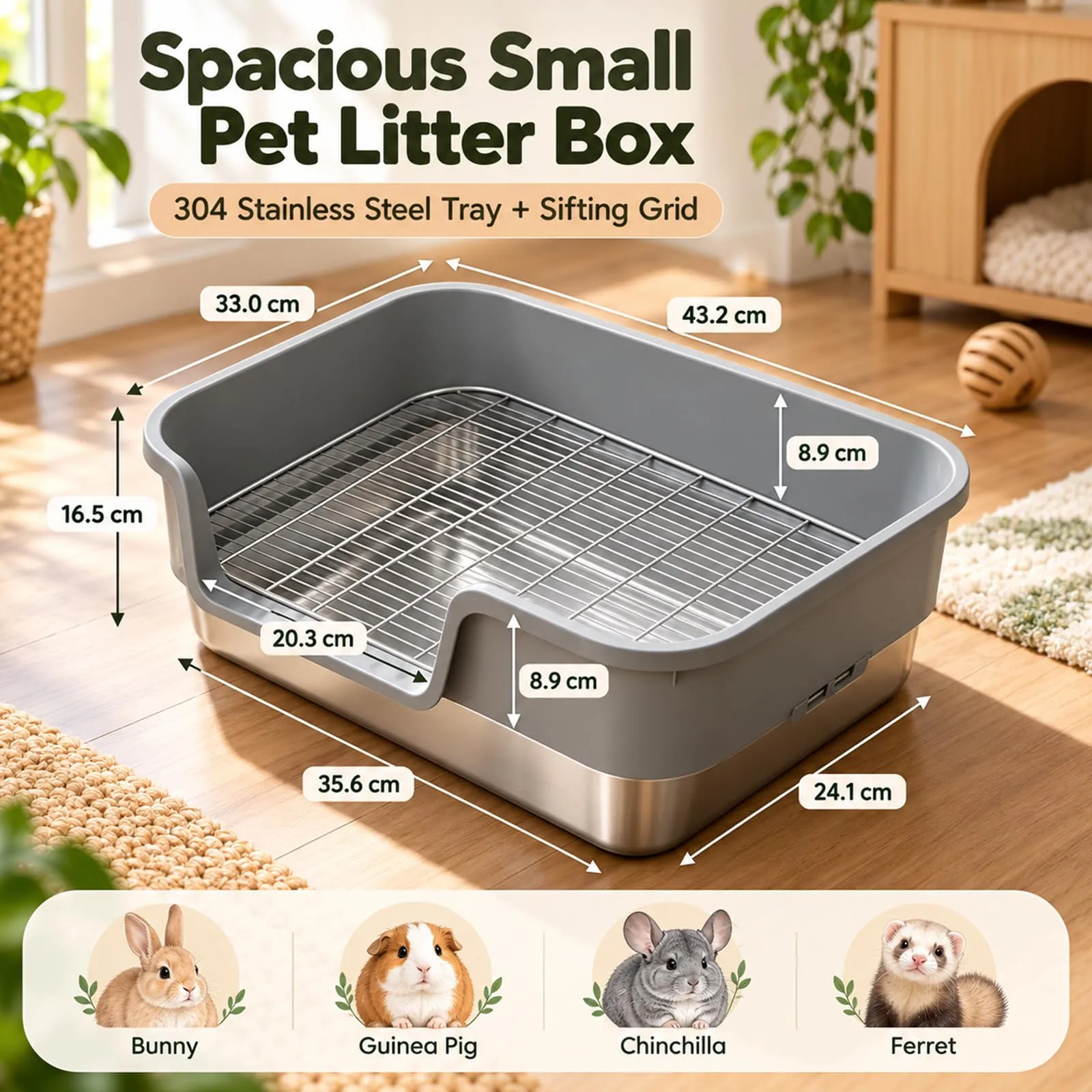 Lettiera per Conigli in Acciaio Inox con Griglia Protettiva, 43.2x33x16.5cm - immagine 7