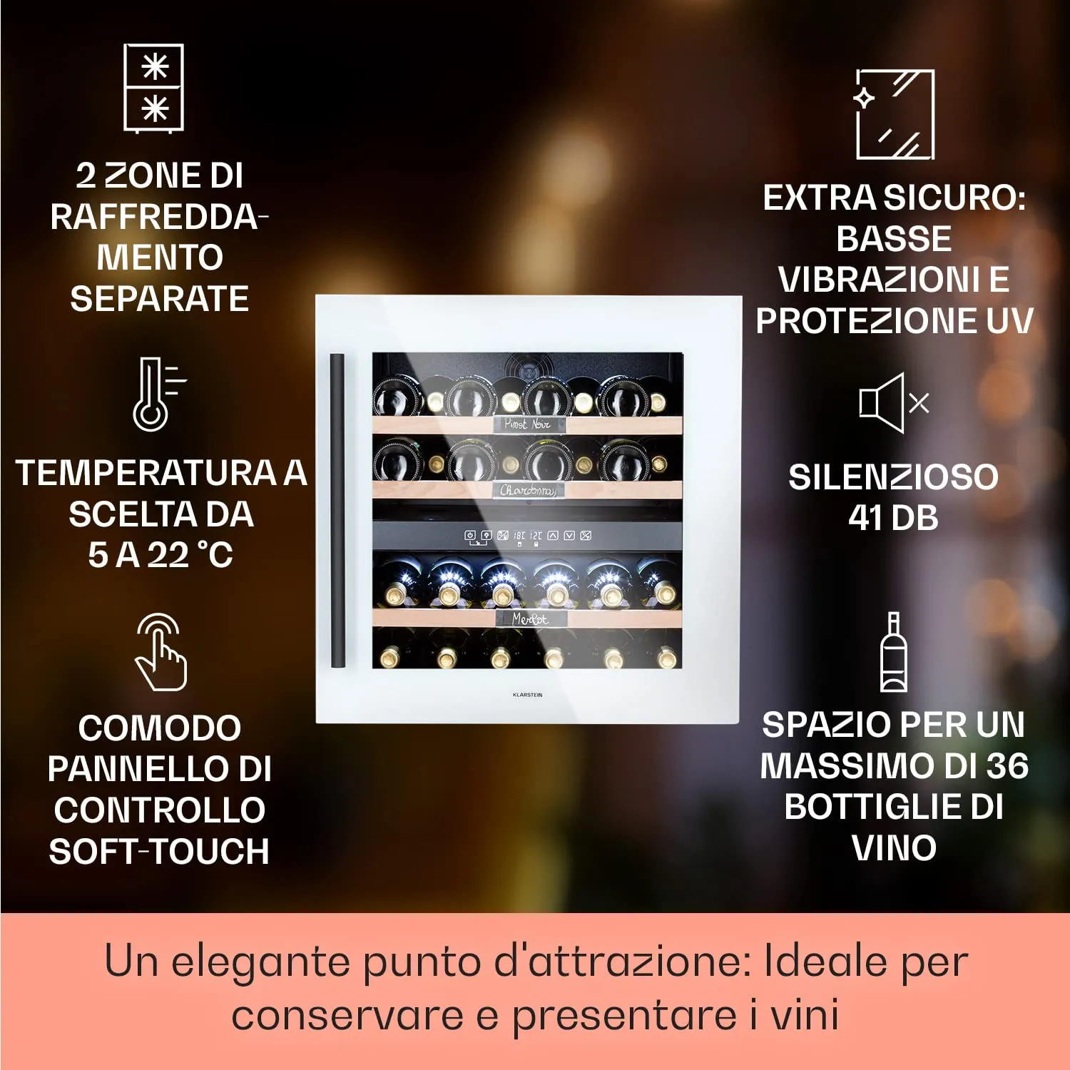 KLARSTEIN Cantinetta Vino Design, Cantinetta Vino Refrigerata a Zona Doppia per Vino Rosso, Bianco e Birra, Controlli Touch, Frigo Vino Cantinetta per Esterno/Interno, 5-22°C, 85L, 36 Bottiglie - immagine 2