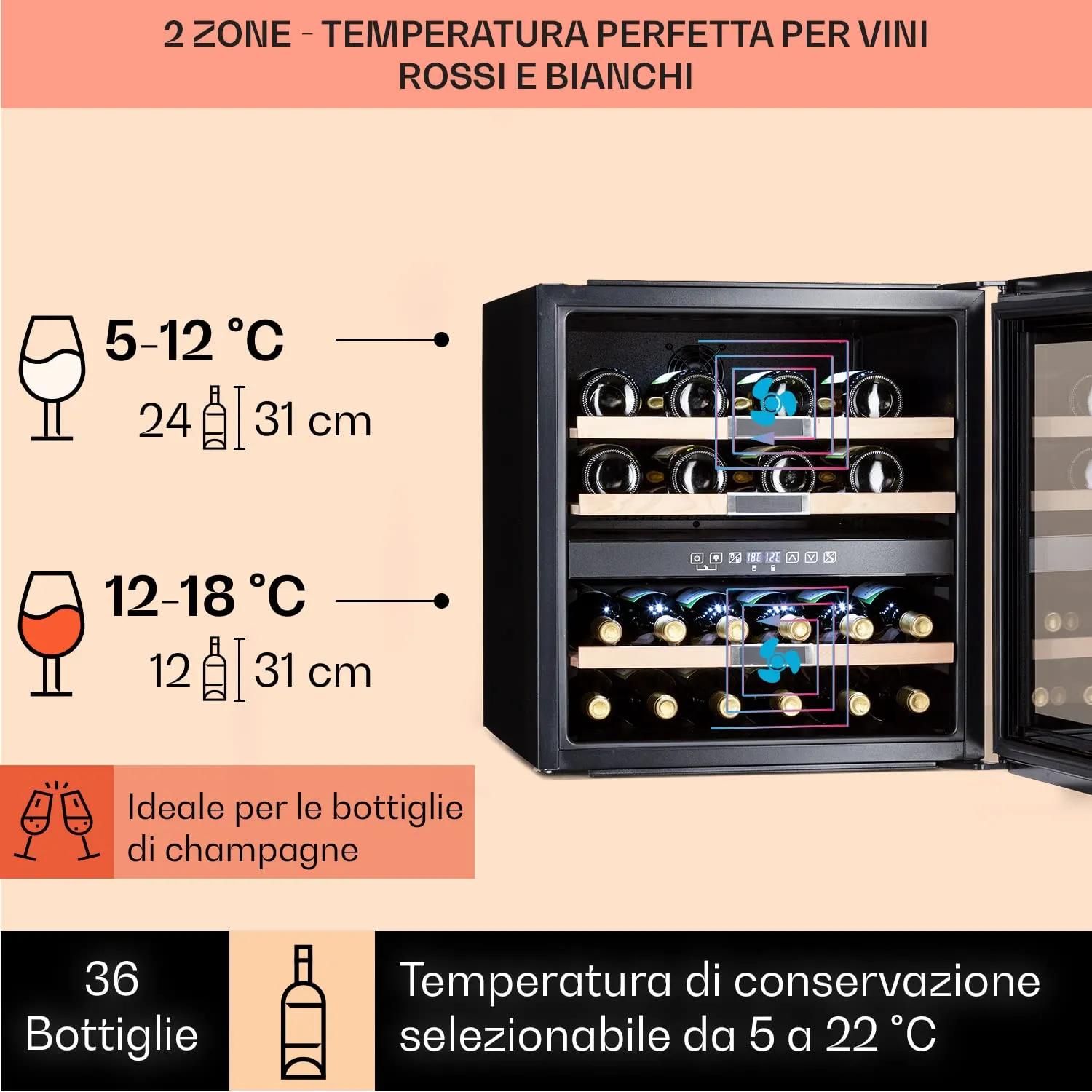 KLARSTEIN Cantinetta Vino Design, Cantinetta Vino Refrigerata a Zona Doppia per Vino Rosso, Bianco e Birra, Controlli Touch, Frigo Vino Cantinetta per Esterno/Interno, 5-22°C, 85L, 36 Bottiglie - immagine 3