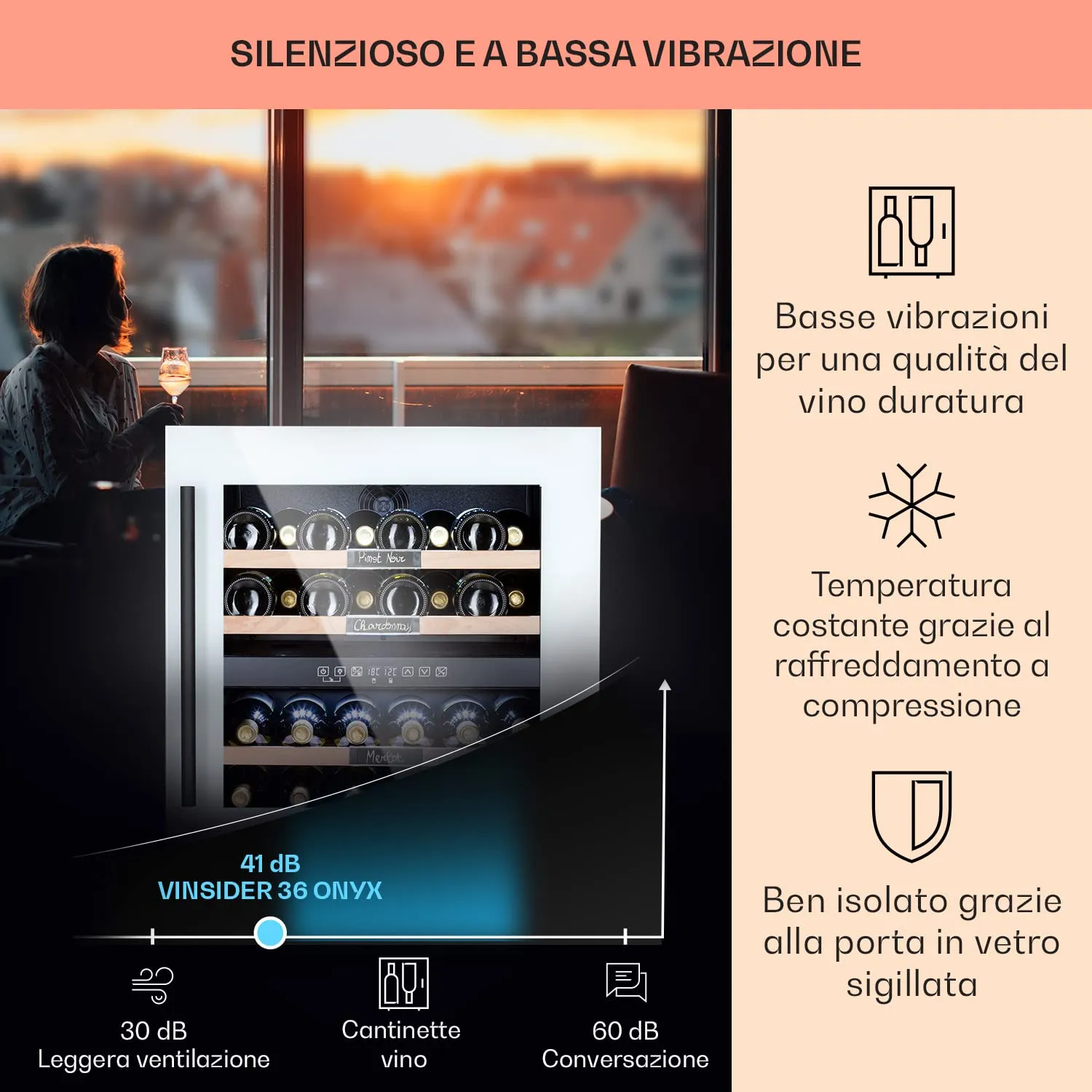 KLARSTEIN Cantinetta Vino Design, Cantinetta Vino Refrigerata a Zona Doppia per Vino Rosso, Bianco e Birra, Controlli Touch, Frigo Vino Cantinetta per Esterno/Interno, 5-22°C, 85L, 36 Bottiglie - immagine 4