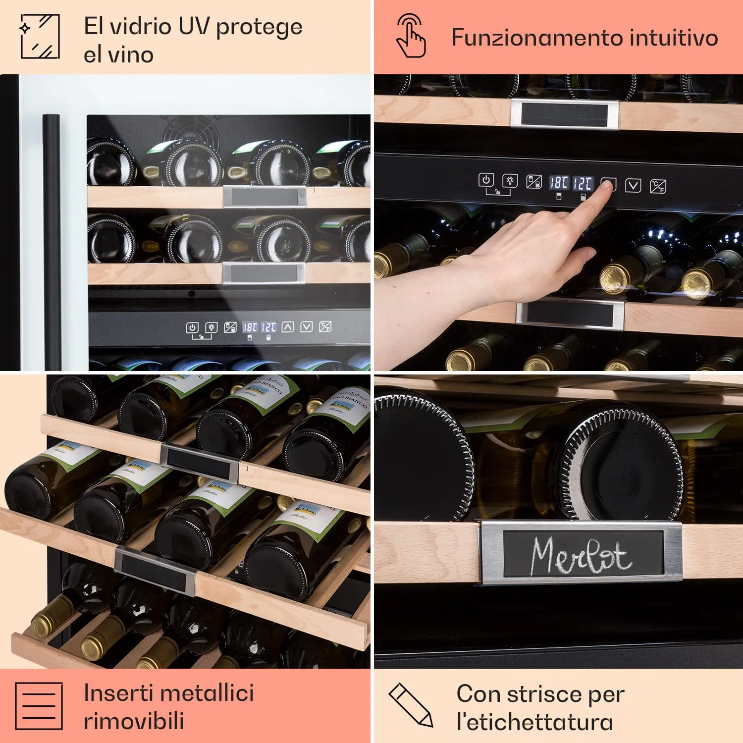 KLARSTEIN Cantinetta Vino Design, Cantinetta Vino Refrigerata a Zona Doppia per Vino Rosso, Bianco e Birra, Controlli Touch, Frigo Vino Cantinetta per Esterno/Interno, 5-22°C, 85L, 36 Bottiglie - immagine 5