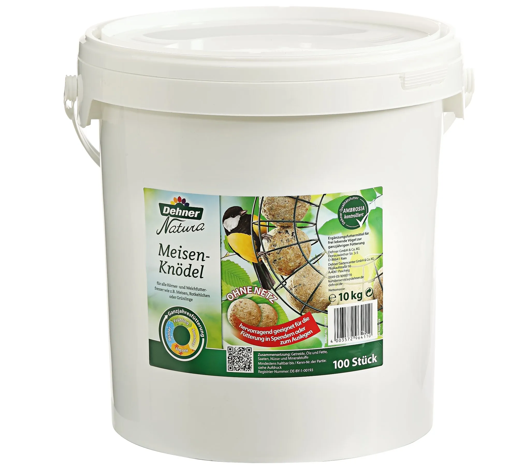 Dehner Natura Premium Mangime per uccelli, Cibo per uccelli selvatici, Palline di mangime senza rete, Alimenti energetici con noci, per cinciallegre e pettirossi, nel secchiello, 100 pezzi, 9 kg - immagine 2