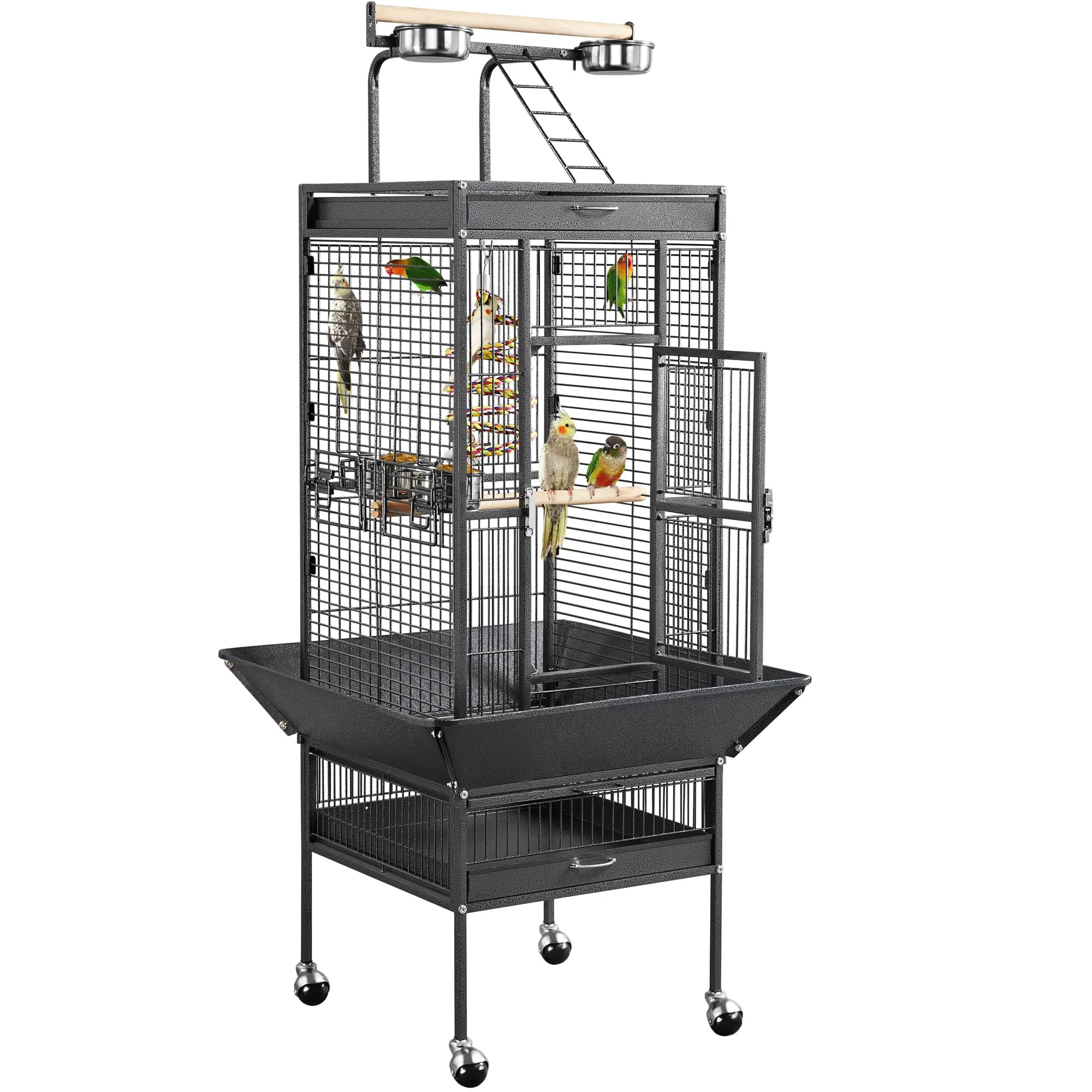 Yaheetech Gabbia Uccelli Ruote Piedistallo 65,5 × 65,5 × 156 cm Nera - immagine 1