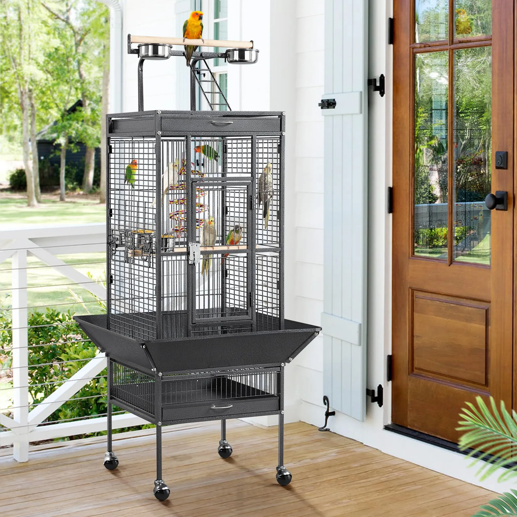 Yaheetech Gabbia Uccelli Ruote Piedistallo 65,5 × 65,5 × 156 cm Nera - immagine 2