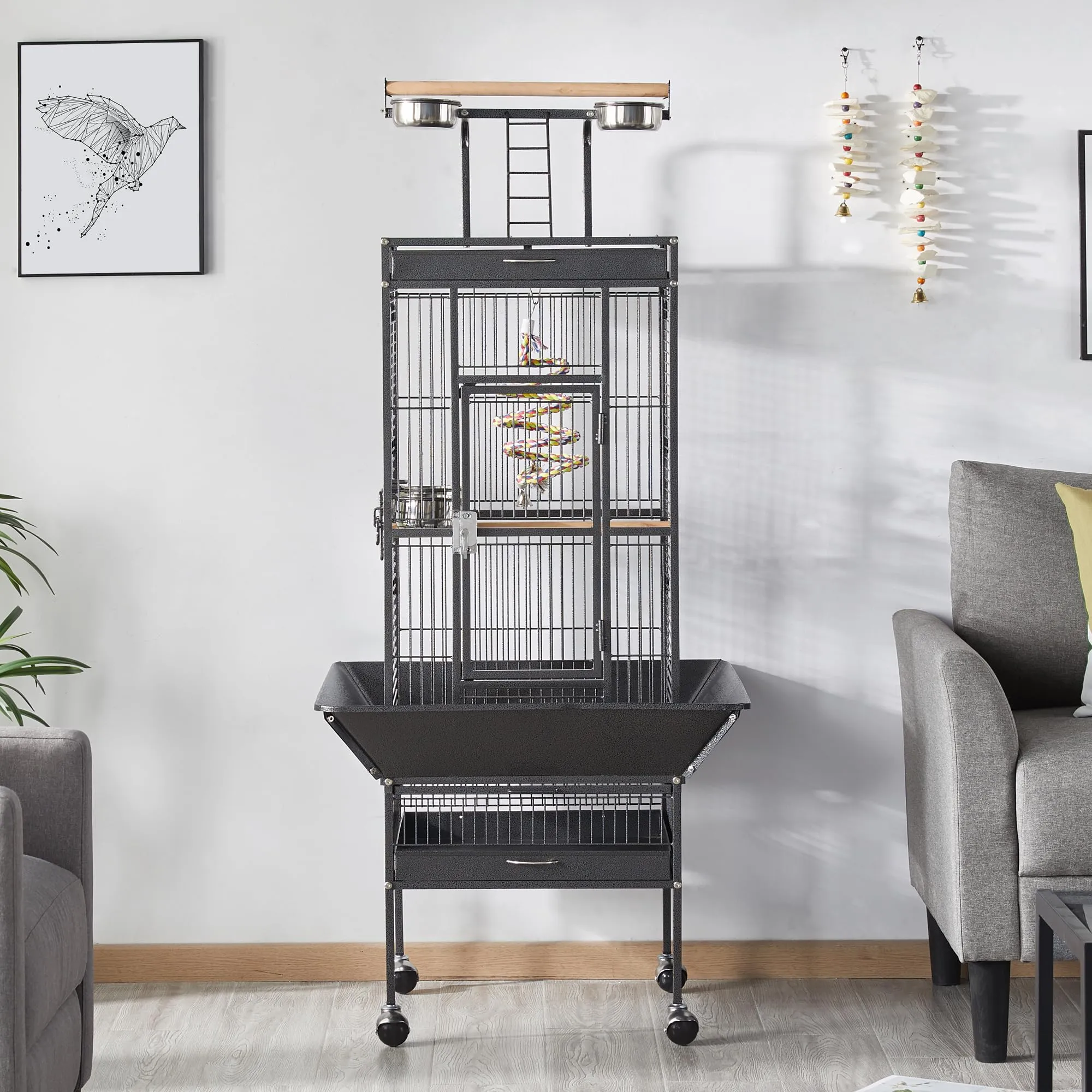 Yaheetech Gabbia Uccelli Ruote Piedistallo 65,5 × 65,5 × 156 cm Nera - immagine 3