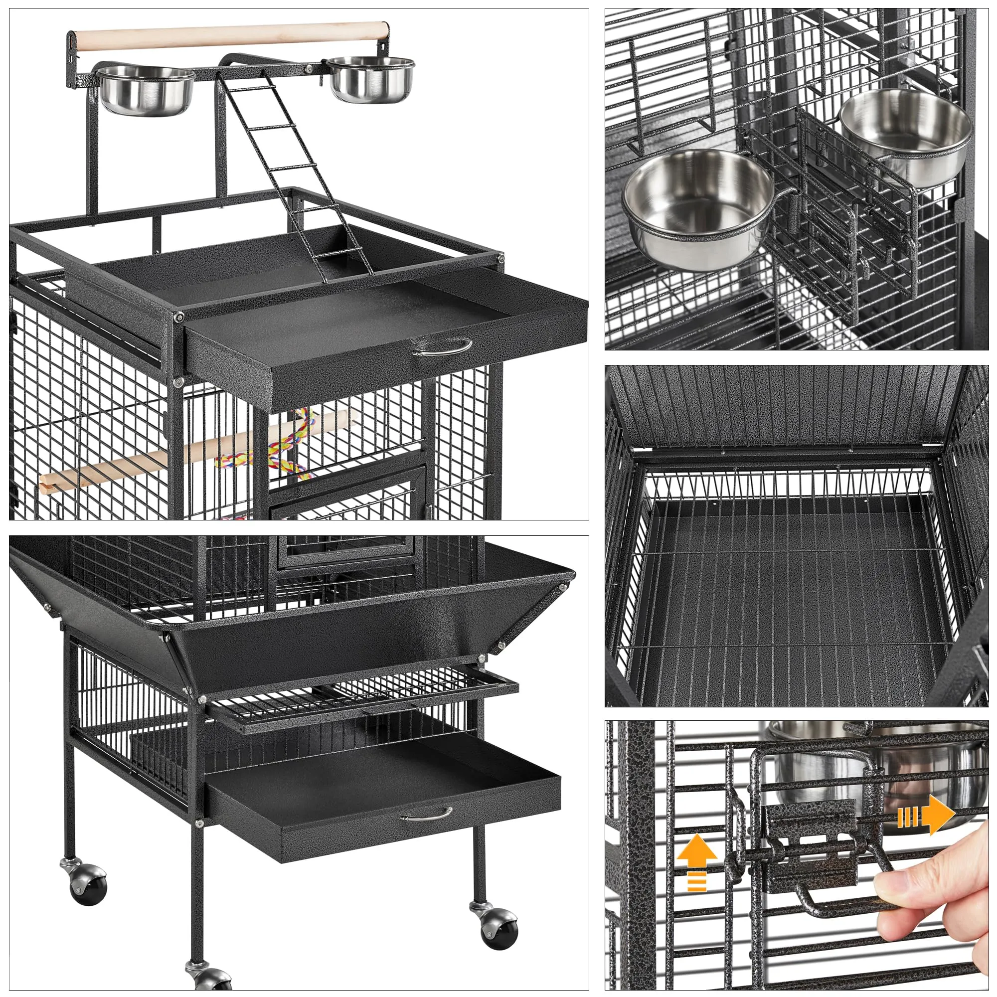 Yaheetech Gabbia Uccelli Ruote Piedistallo 65,5 × 65,5 × 156 cm Nera - immagine 5