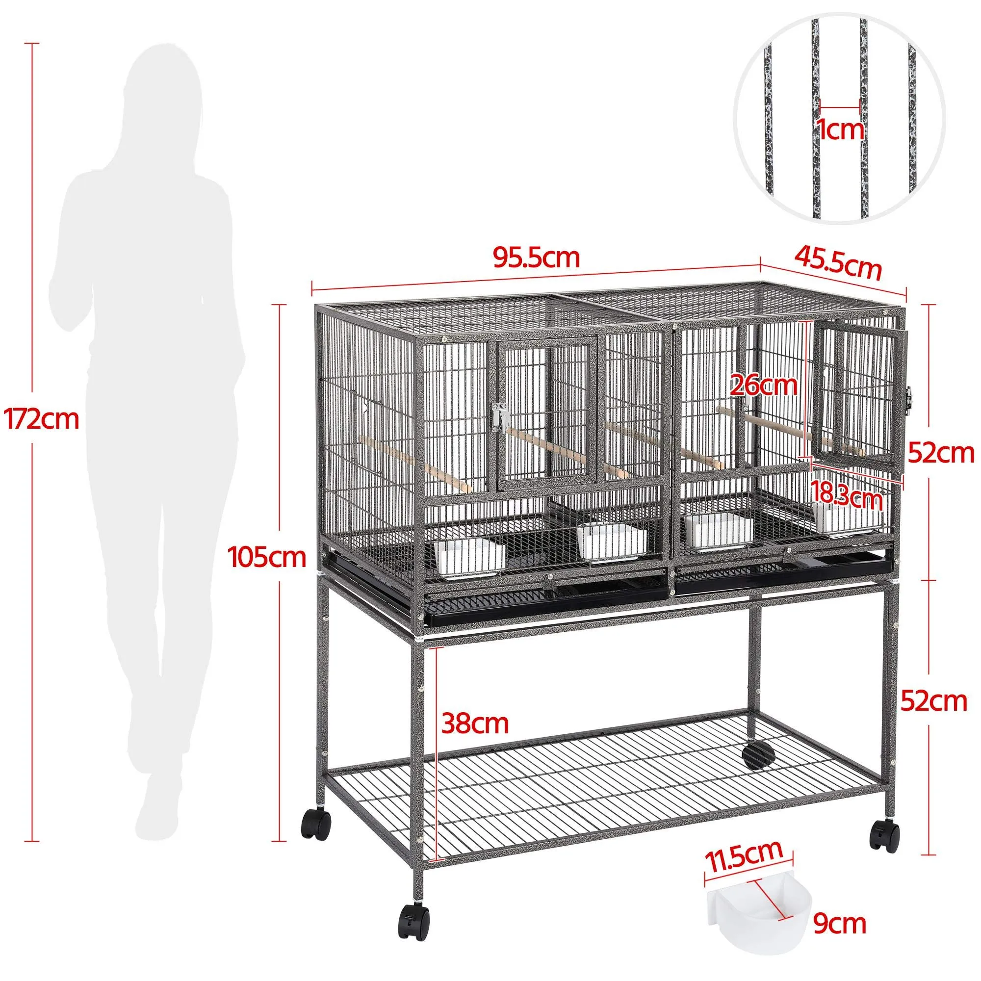 Yaheetech Gabbia Voliera Uccelli con Divisorio 95,5 × 45,5 × 105 cm Nera - immagine 2